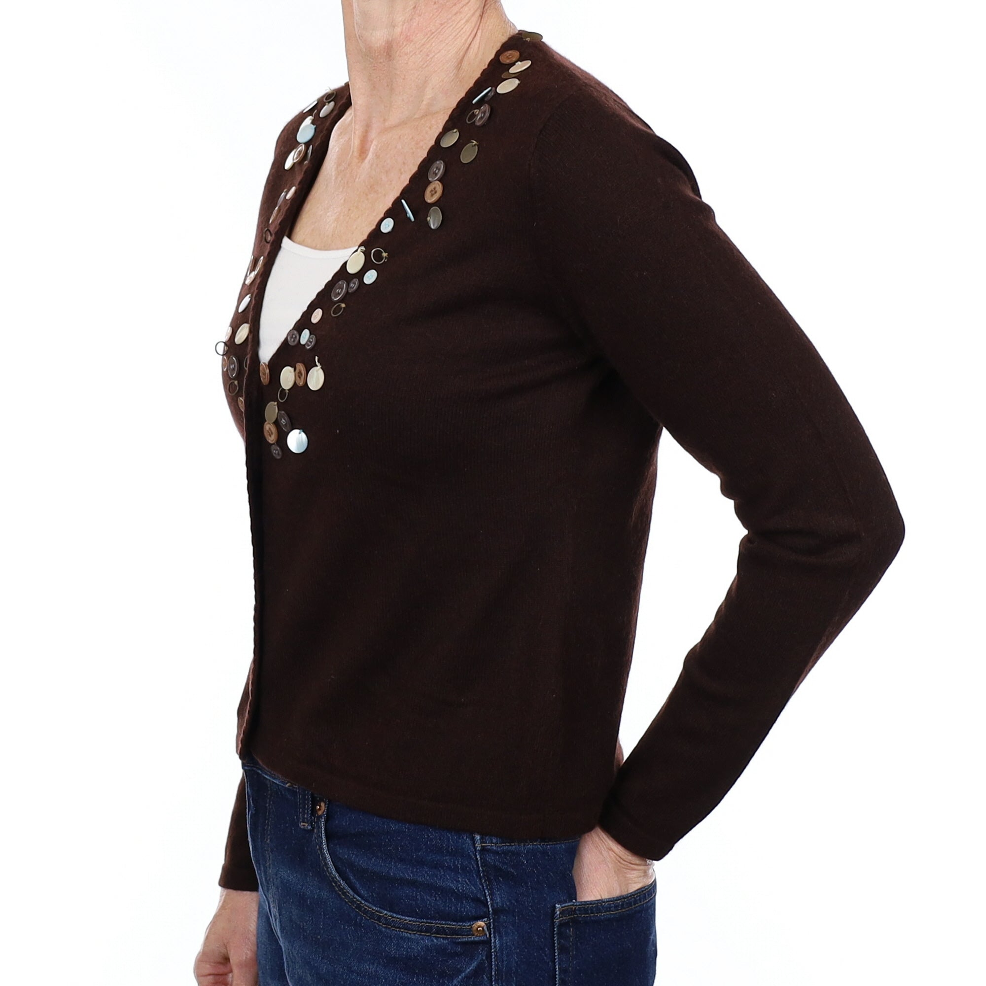 Chocolate Brown Button Detail Cashmere V Neck Cardigan Small