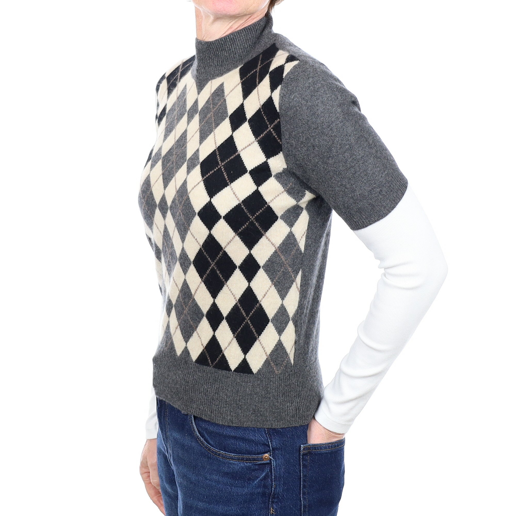 Grey Diamond Pattern Cashmere Short Sleeved Turtle Neck Small