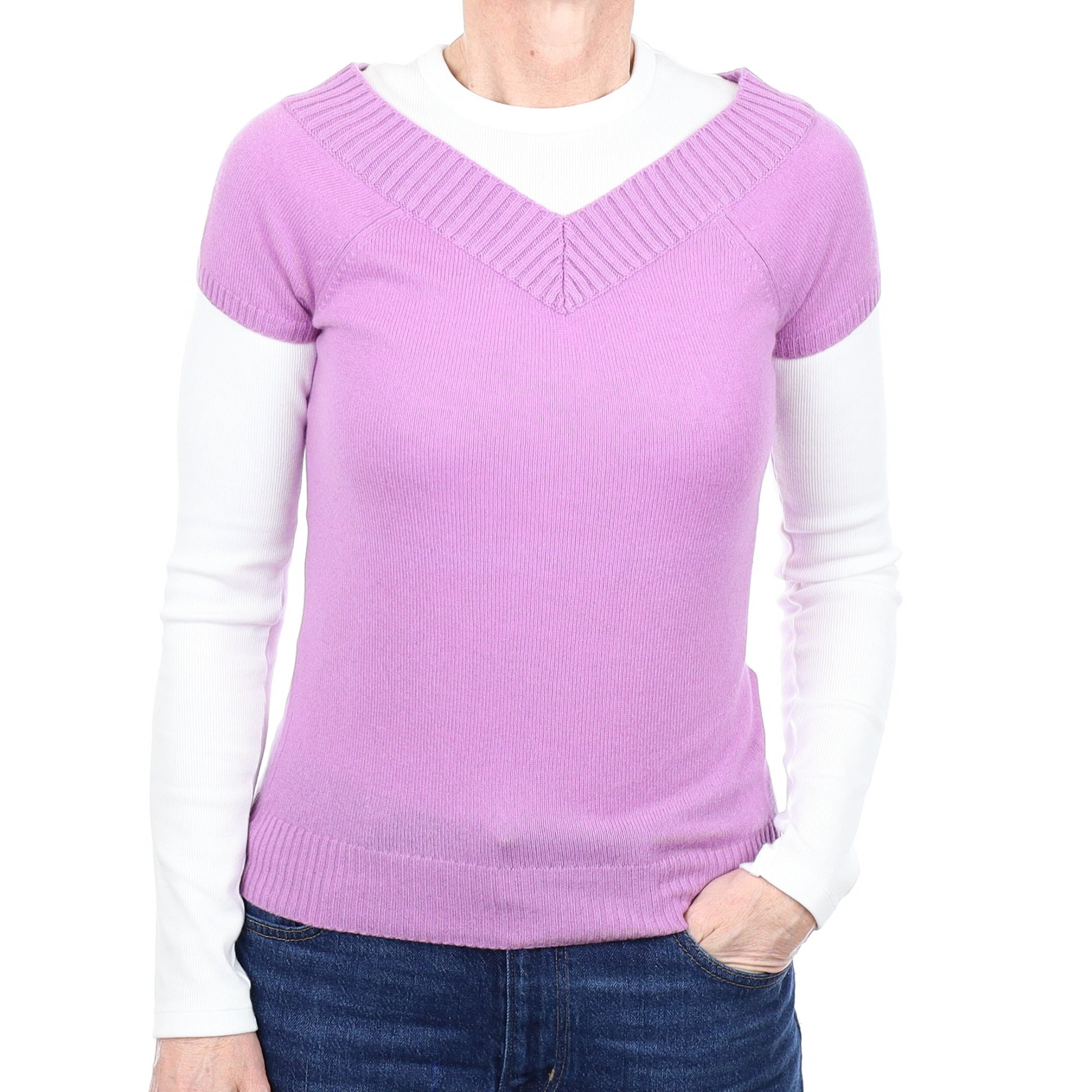 Lavender Purple Cashmere Short Sleeved V Neck Jumper Small