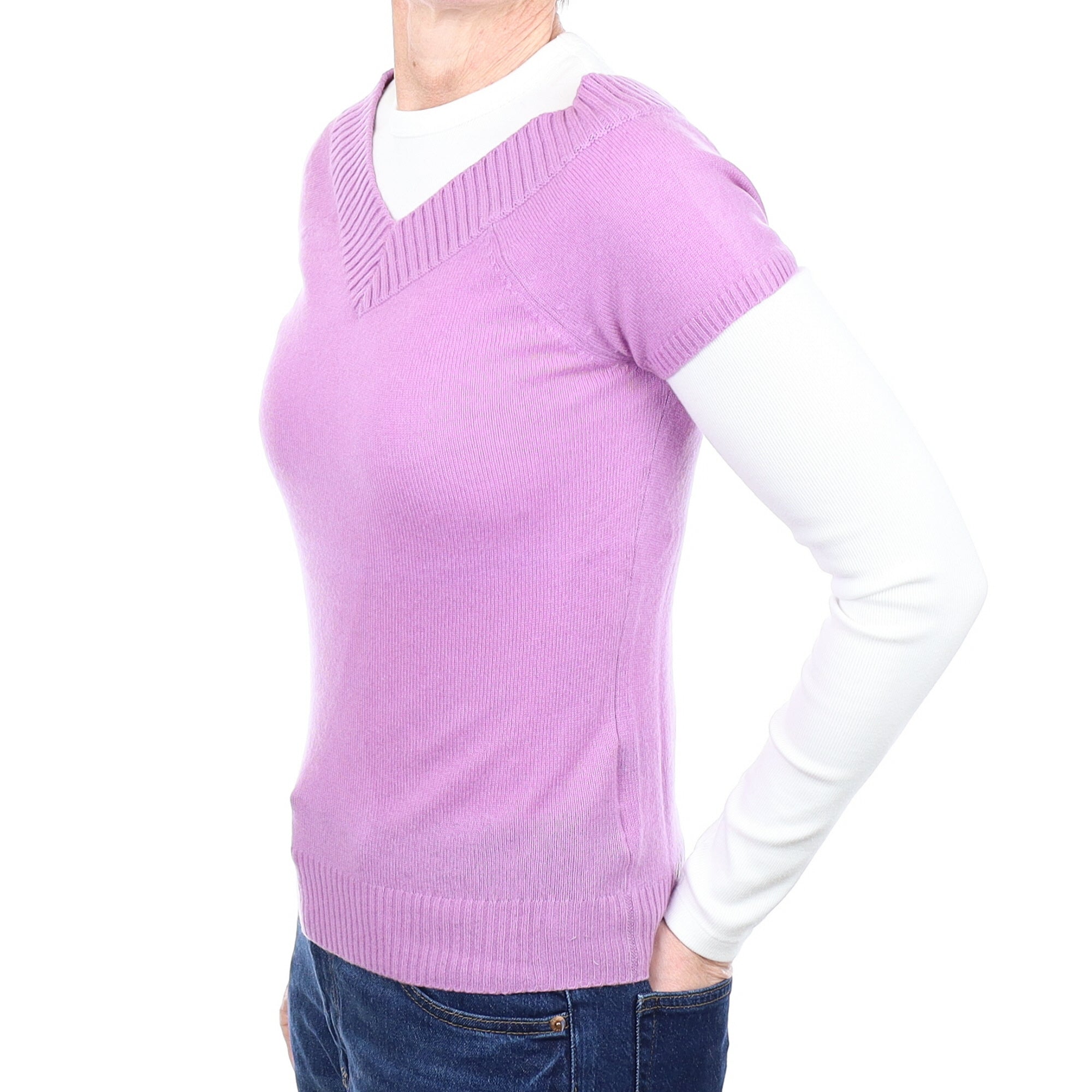 Lavender Purple Cashmere Short Sleeved V Neck Jumper Small