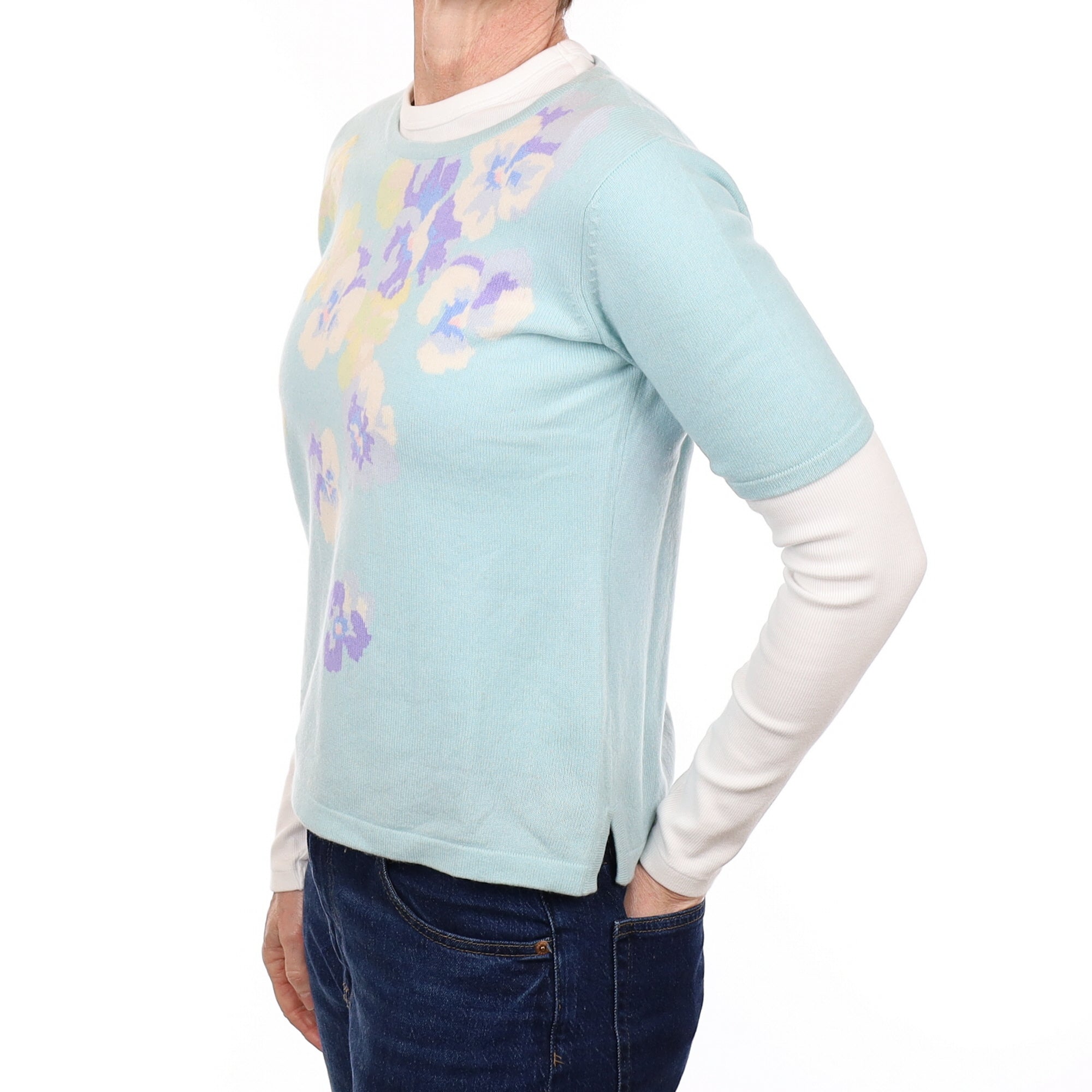 Mint Blue Floral Cashmere Crew Neck Short Sleeved Jumper Small