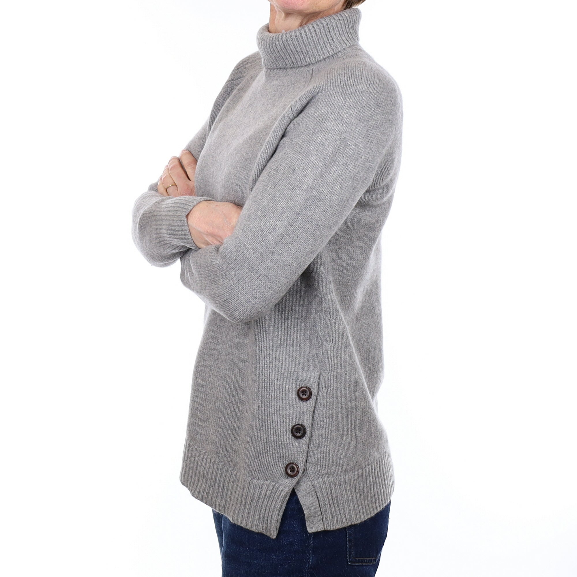 Smoke Grey Cashmere Chunky Knit Polo Neck Jumper Small