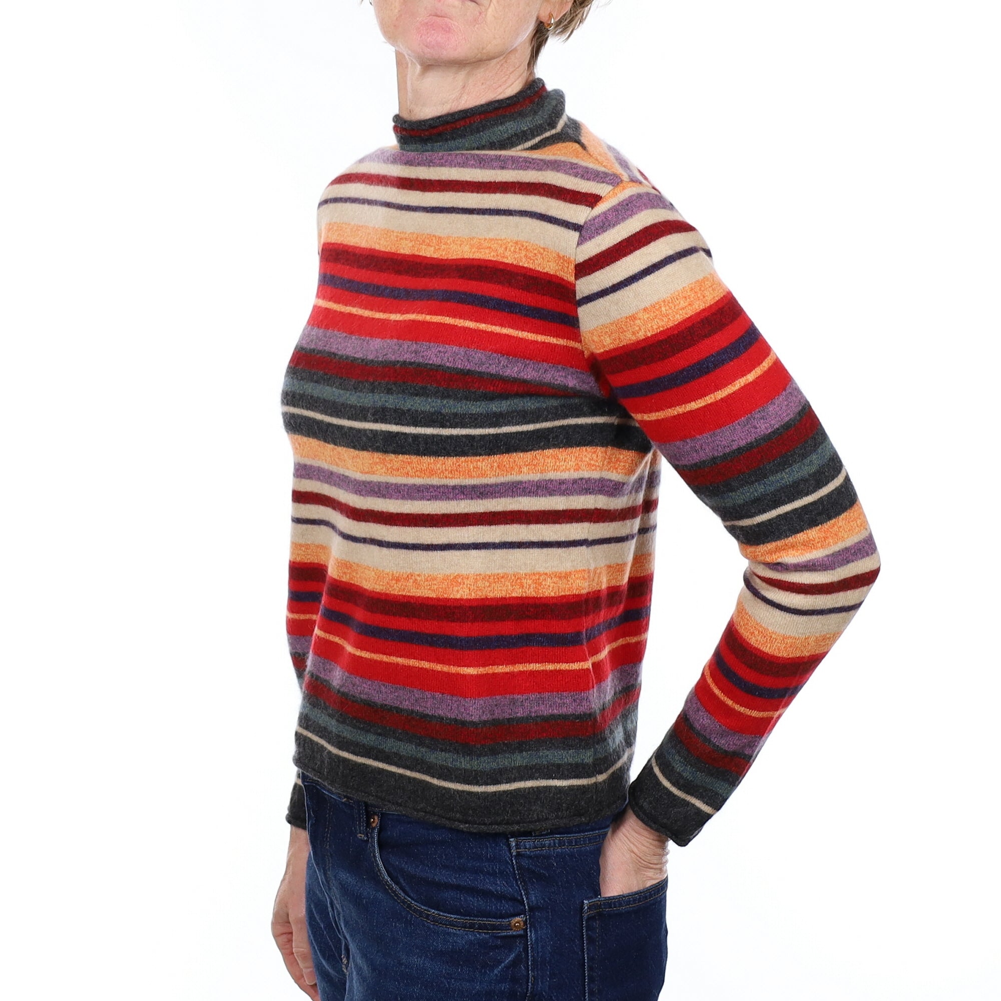 Colourful Striped Cashmere Turtle Neck Jumper Small
