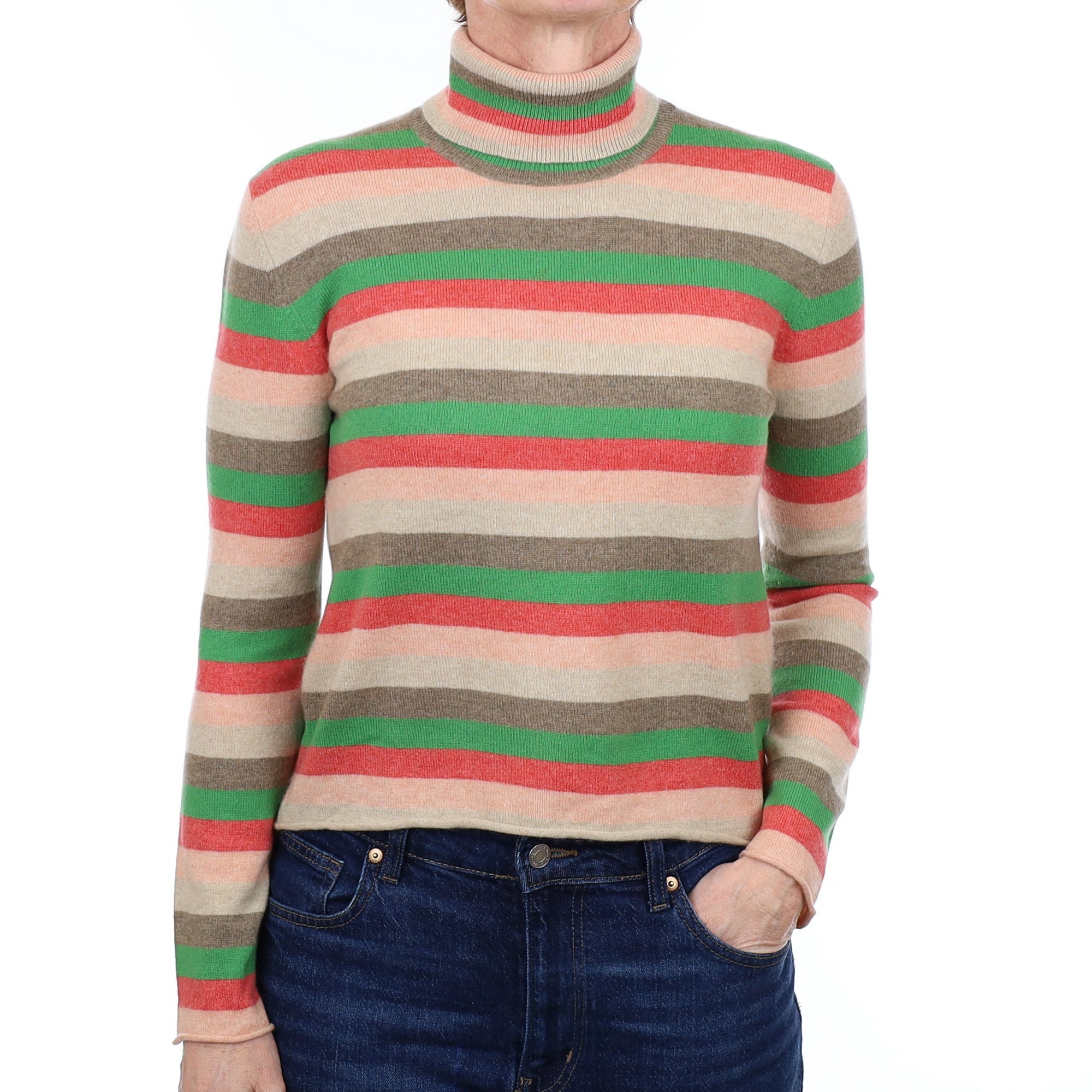 Colourful Striped Cashmere Polo Neck Jumper Small