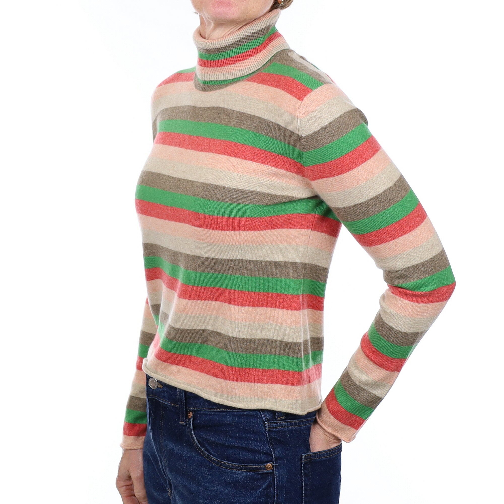 Colourful Striped Cashmere Polo Neck Jumper Small