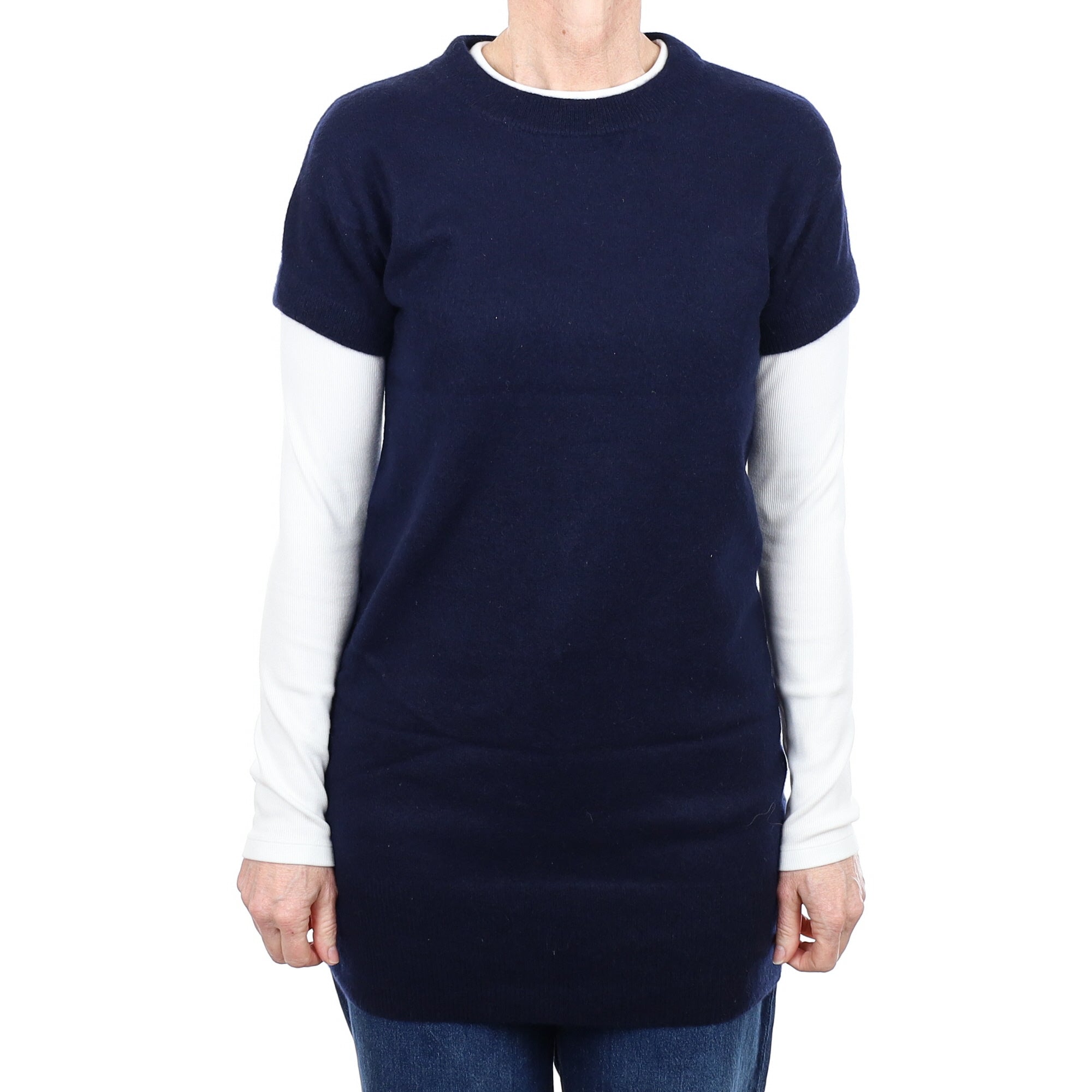 Navy Blue Cashmere Crew Neck Short Sleeved Jumper Small