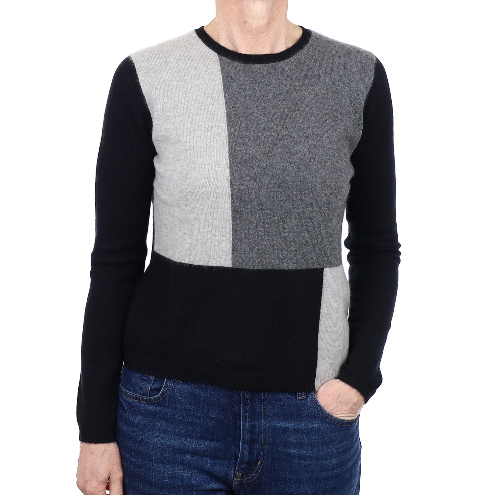 Black and Grey Patterned Cashmere Crew Neck Jumper Small