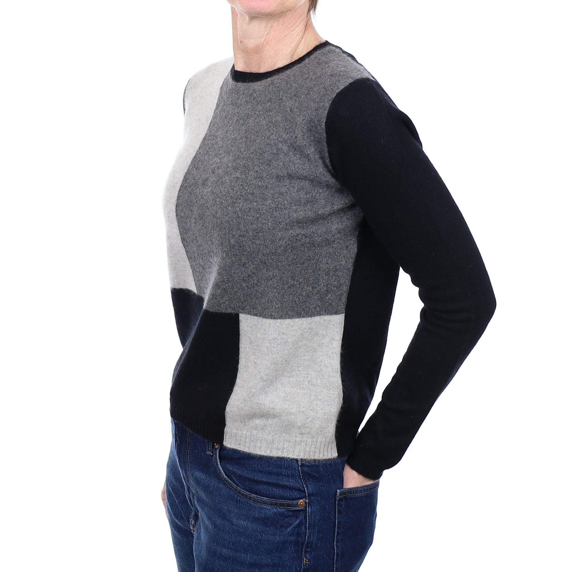 Black and Grey Patterned Cashmere Crew Neck Jumper Small