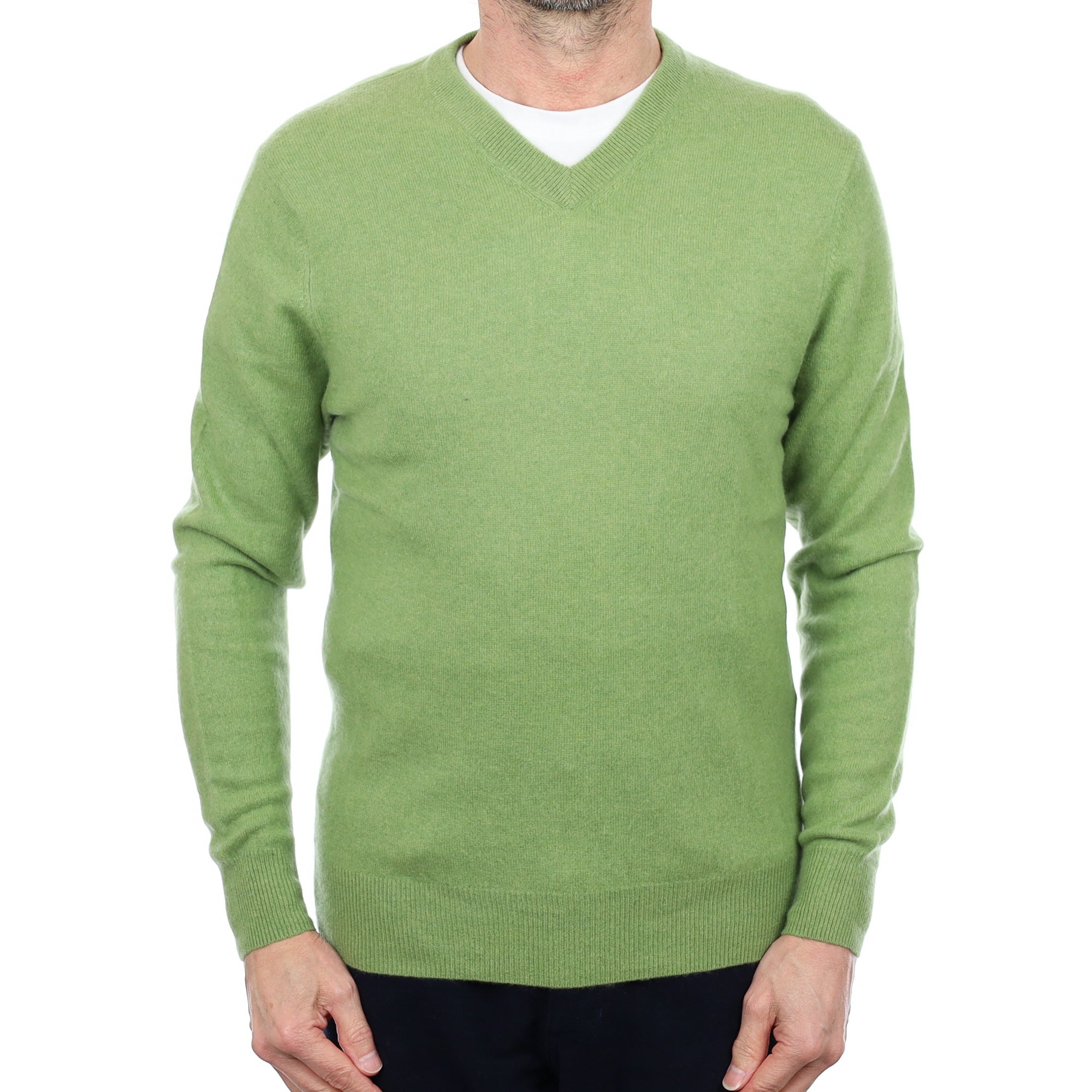 Men's Pear Green Cashmere V Neck Jumper Small