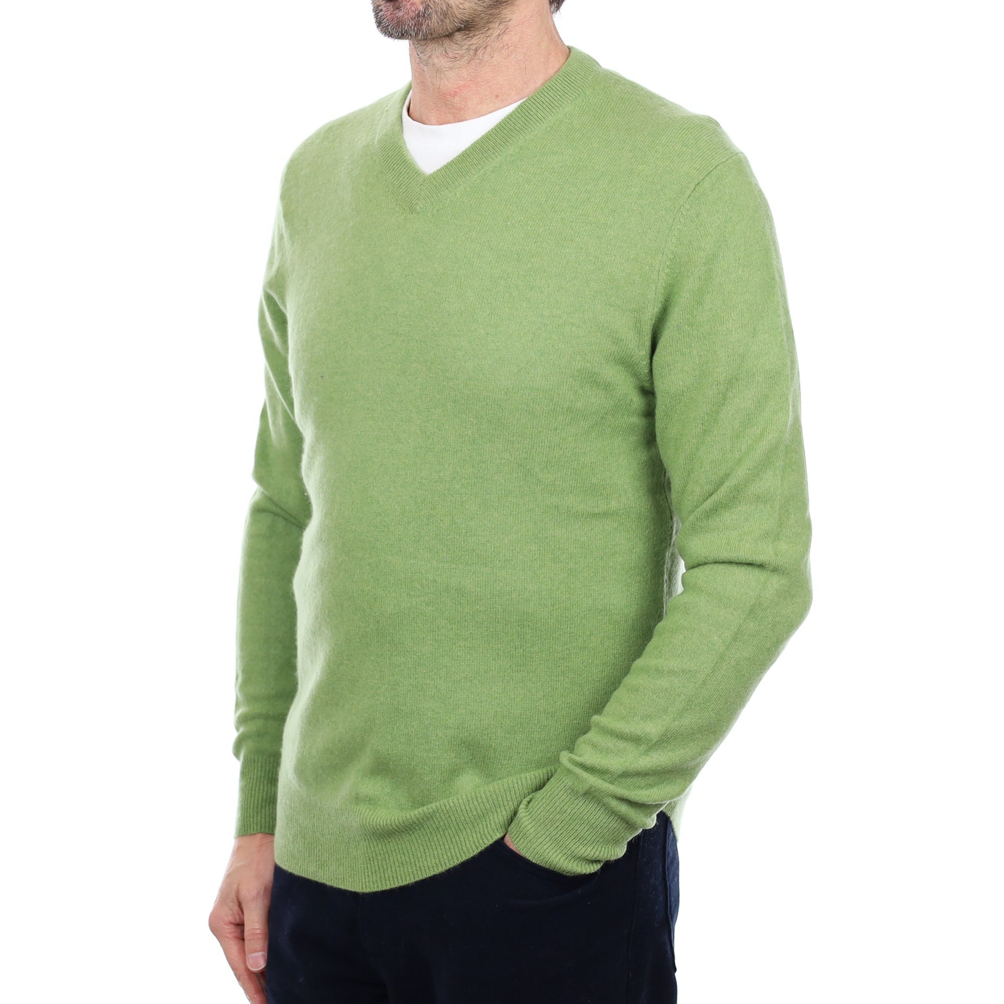 Men's Pear Green Cashmere V Neck Jumper Small