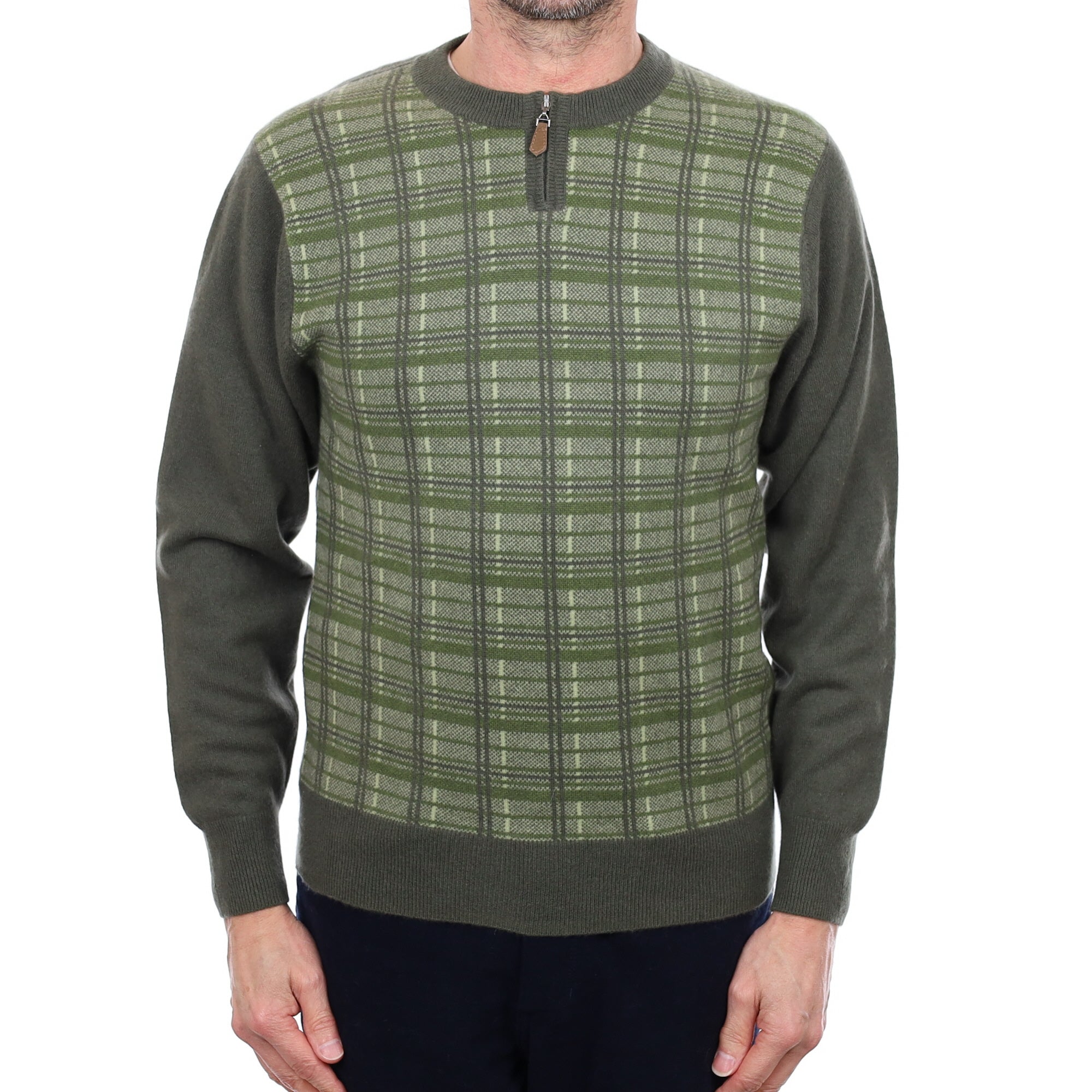 Men's Army Green Checked Cashmere Zip Up Crew Neck Jumper Small
