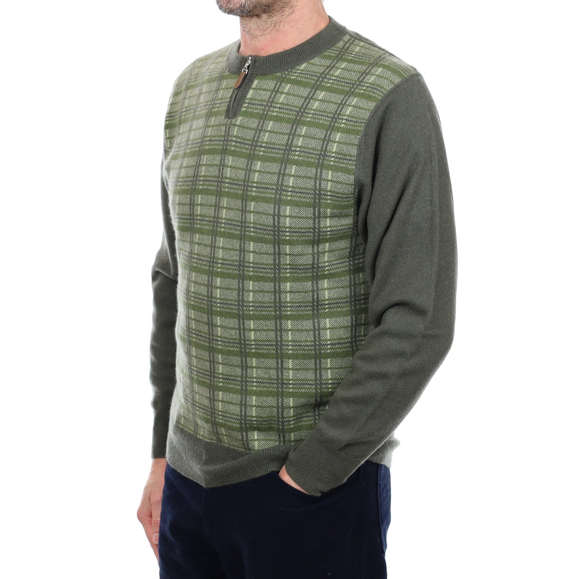 Men's Army Green Checked Cashmere Zip Up Crew Neck Jumper Small