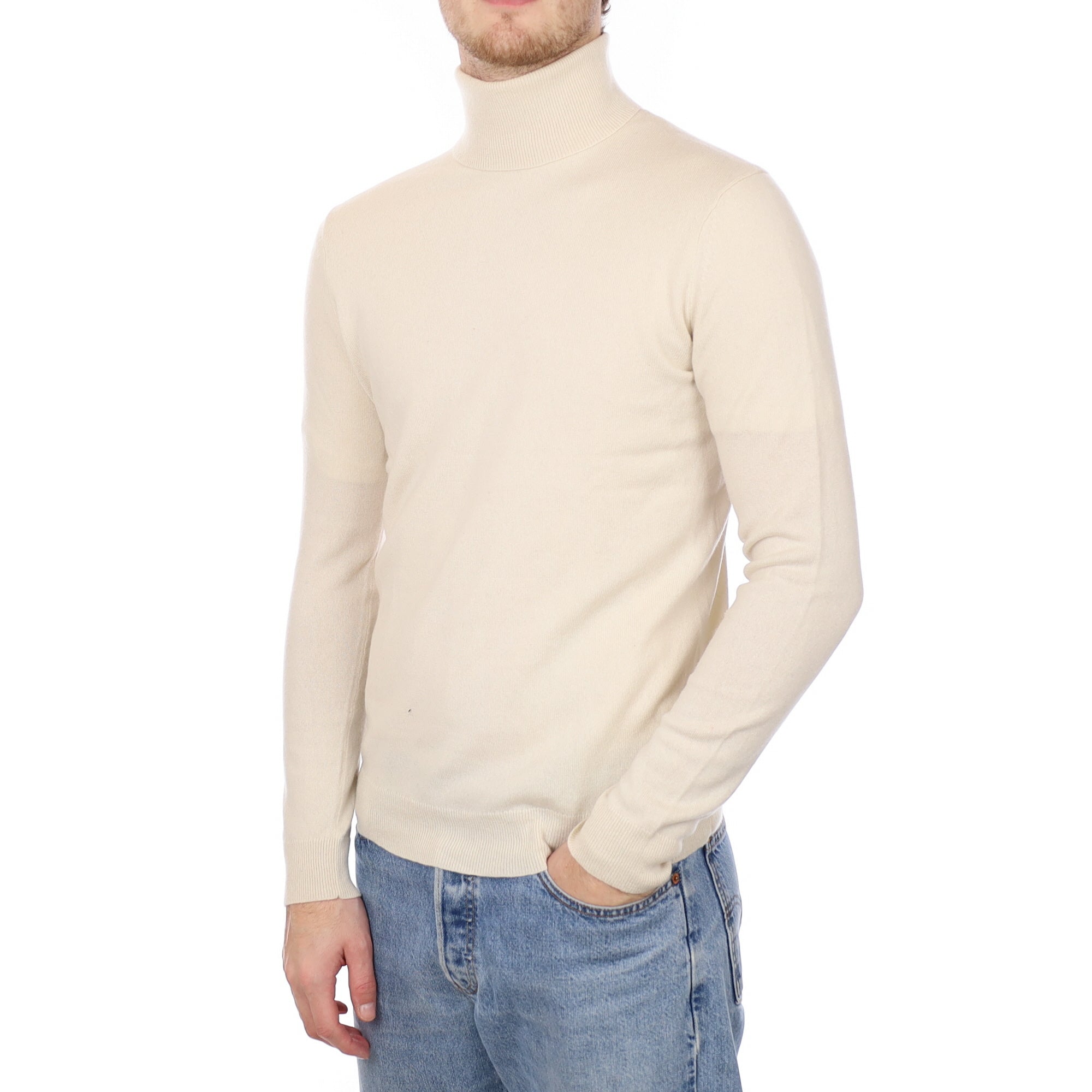 Men's Vanilla Cream Cashmere Polo Neck Jumper Medium