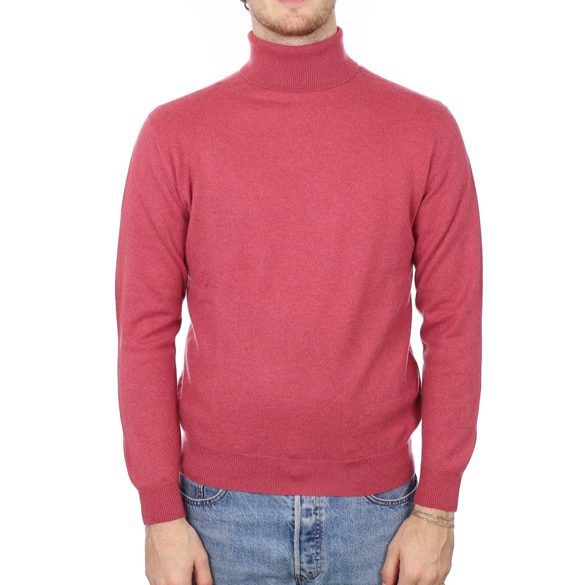 Men's Raspberry Pink Cashmere Polo Neck Jumper Medium