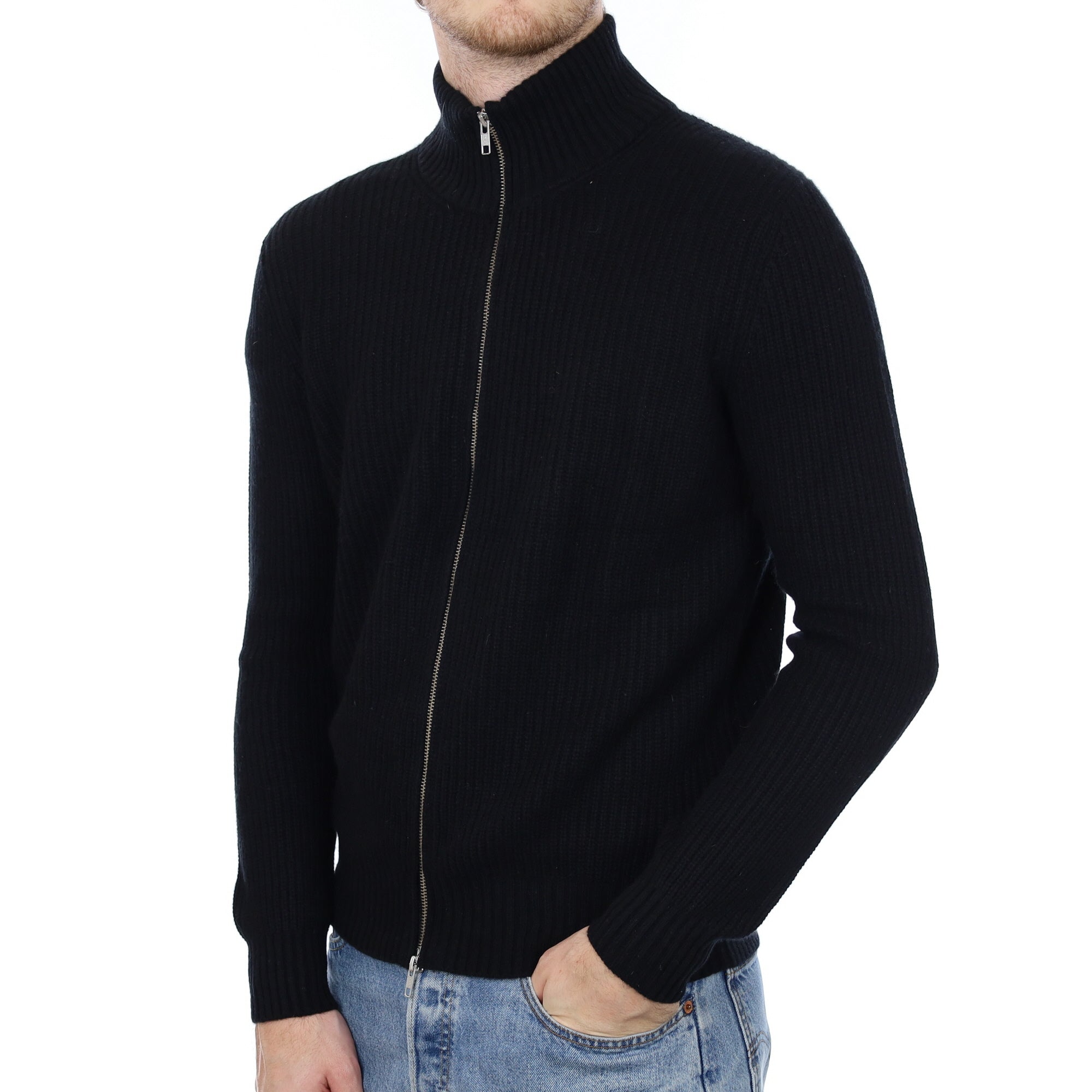 Men's Black Cashmere Zip Up Jumper Medium