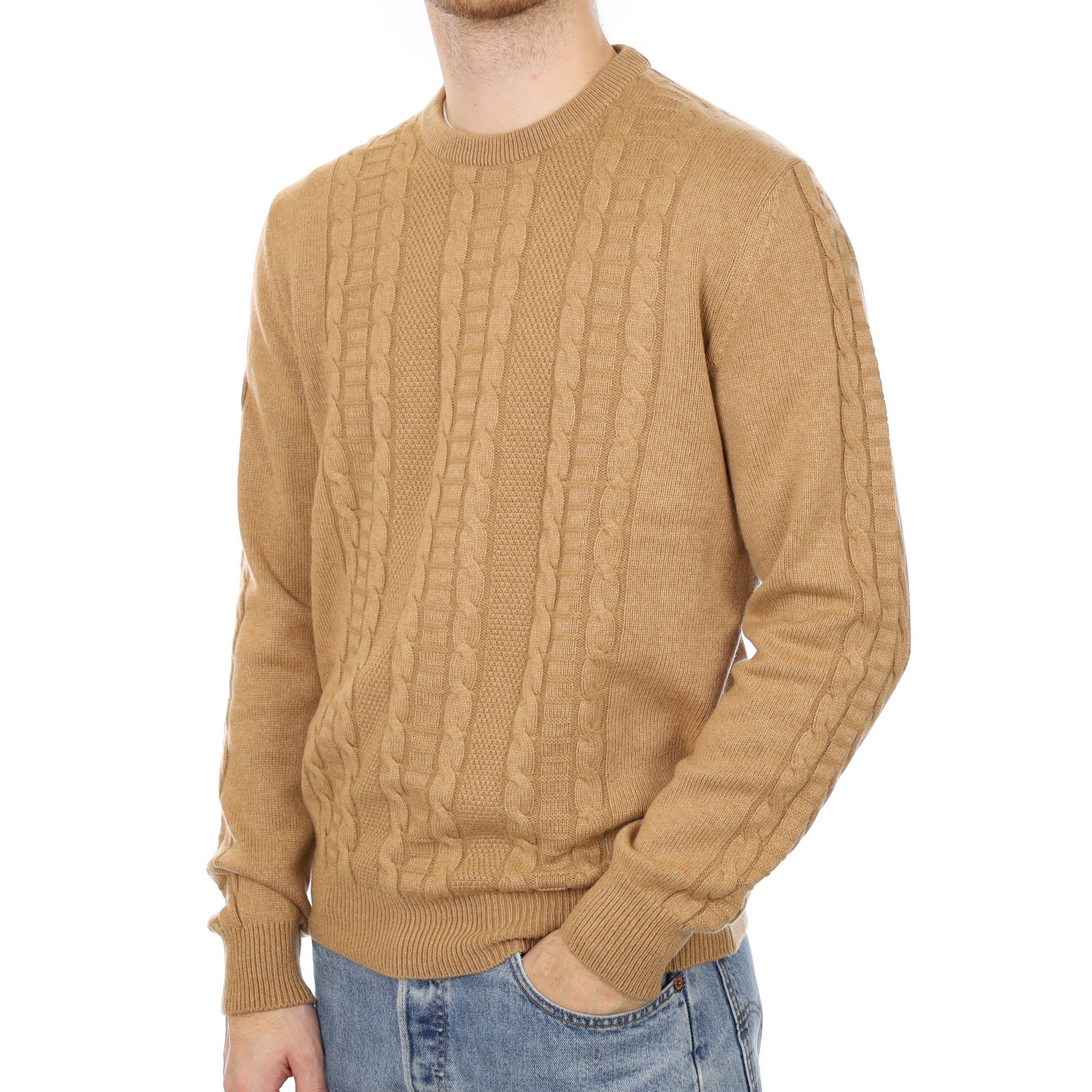 Men's Butterscotch Cable Cashmere Crew Neck Jumper Large