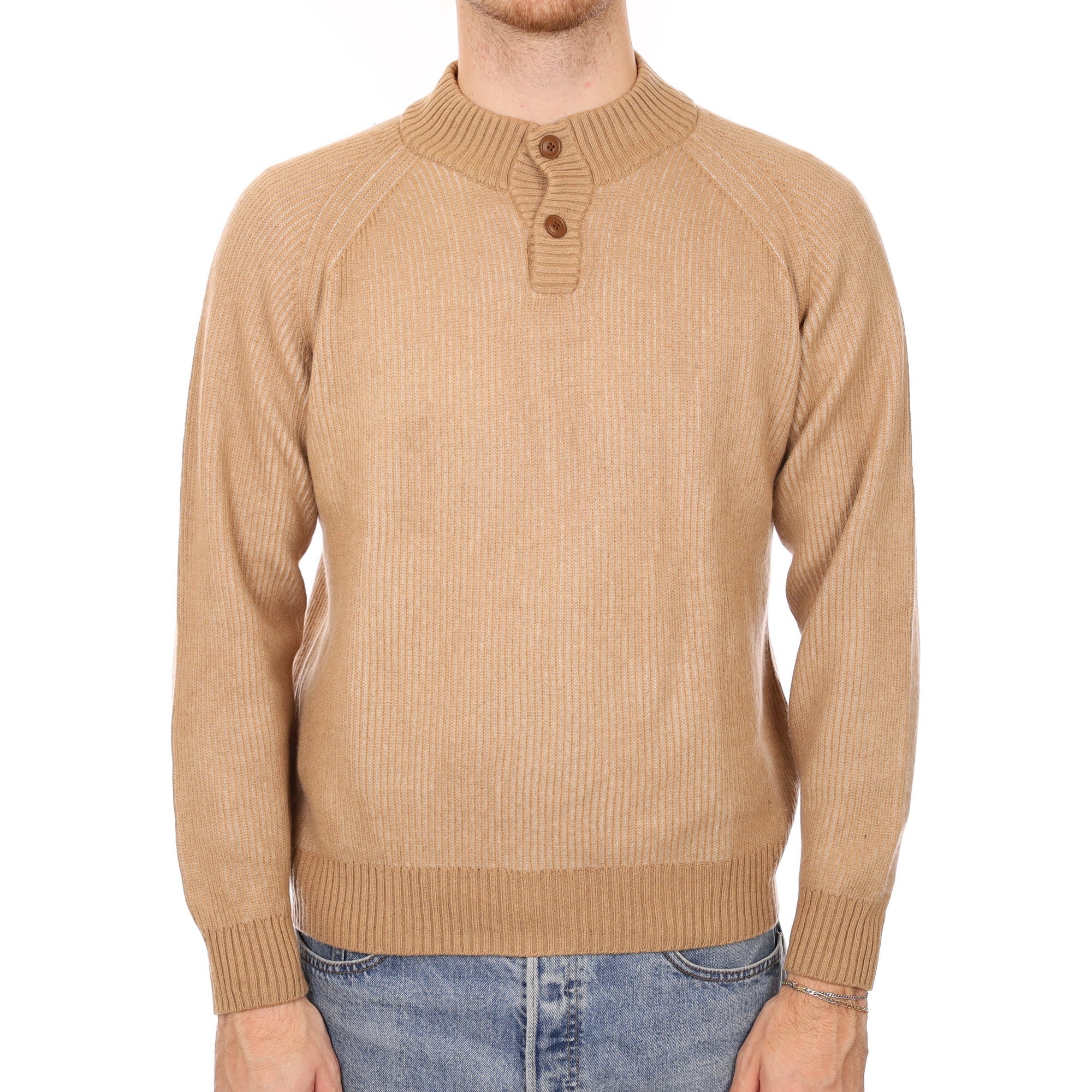 Men's Caramel Ribbed Cashmere Quarter Button Jumper Large