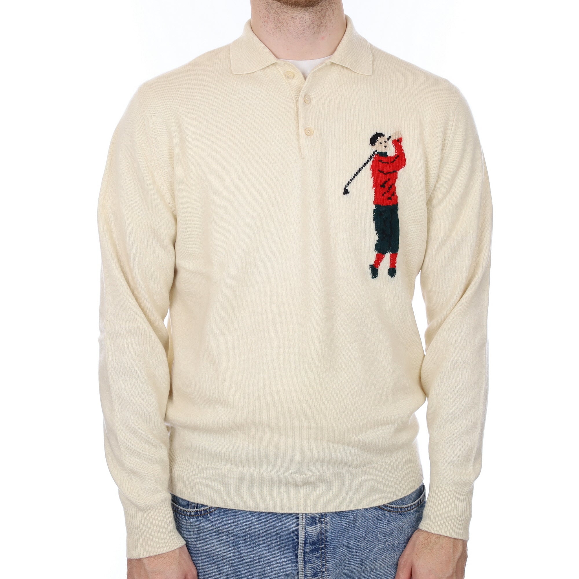 Men's Scottish Cream Golf Motif Cashmere Quarter Button Jumper Large