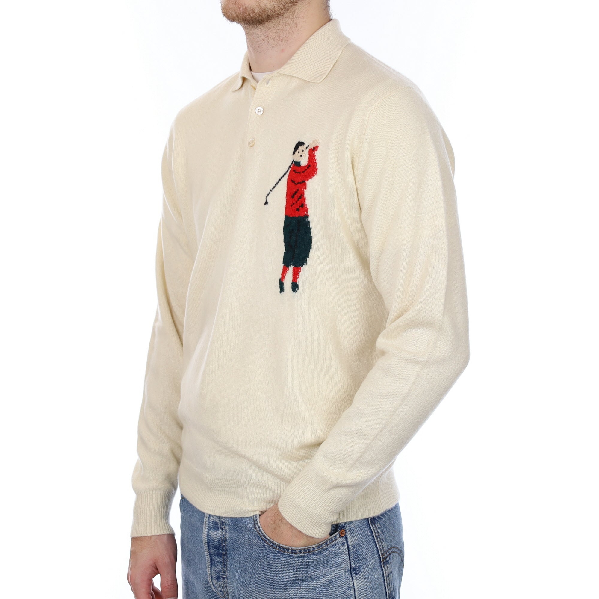Men's Scottish Cream Golf Motif Cashmere Quarter Button Jumper Large