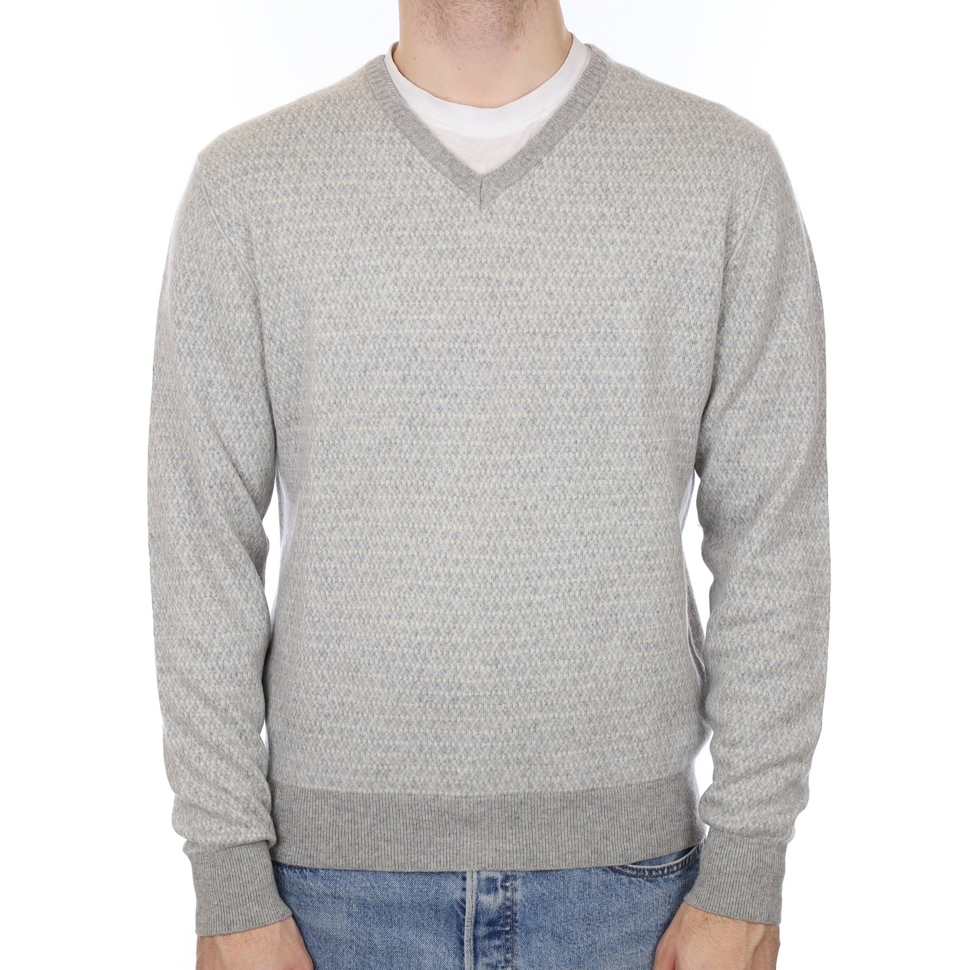 Men's Slate Grey Patterned Cashmere V Neck Jumper Large