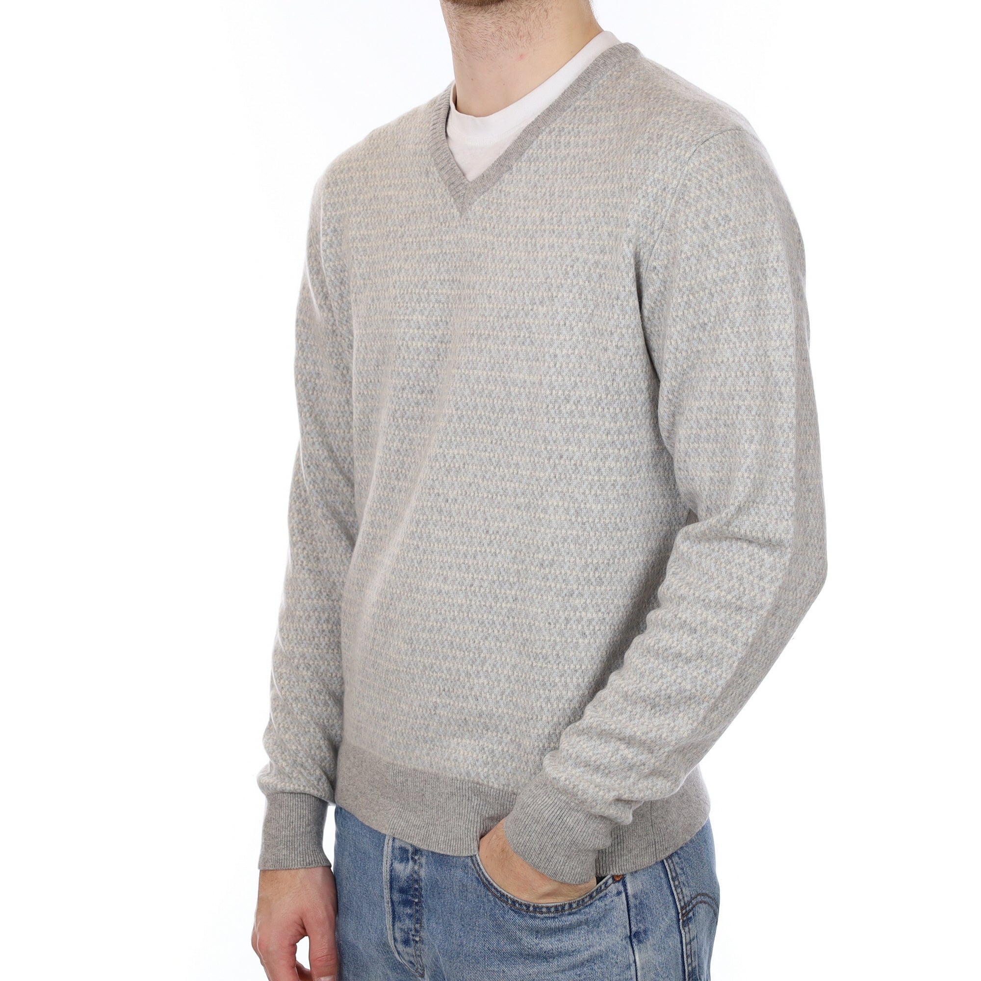 Men's Slate Grey Patterned Cashmere V Neck Jumper Large