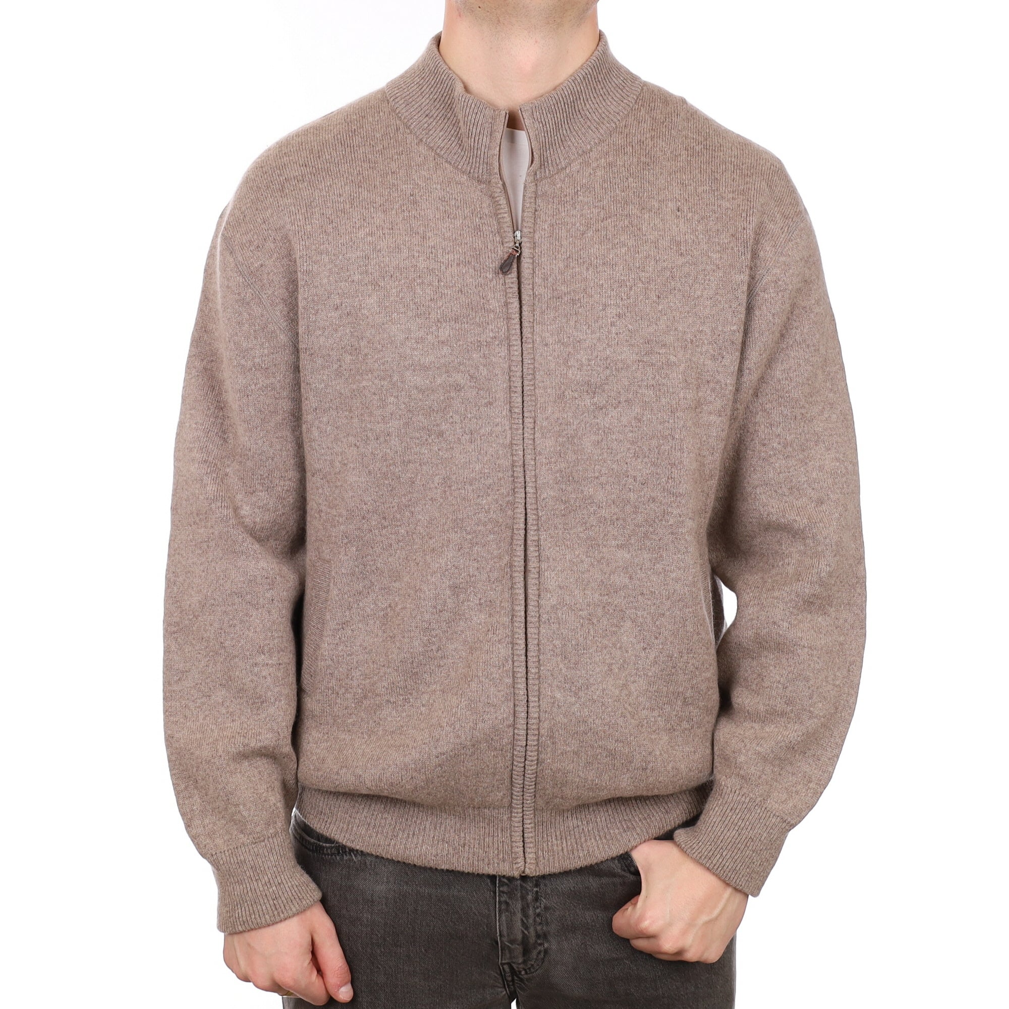 Mocha Brown Men's Cashmere Zip Up Jacket Neck Jumper XXL