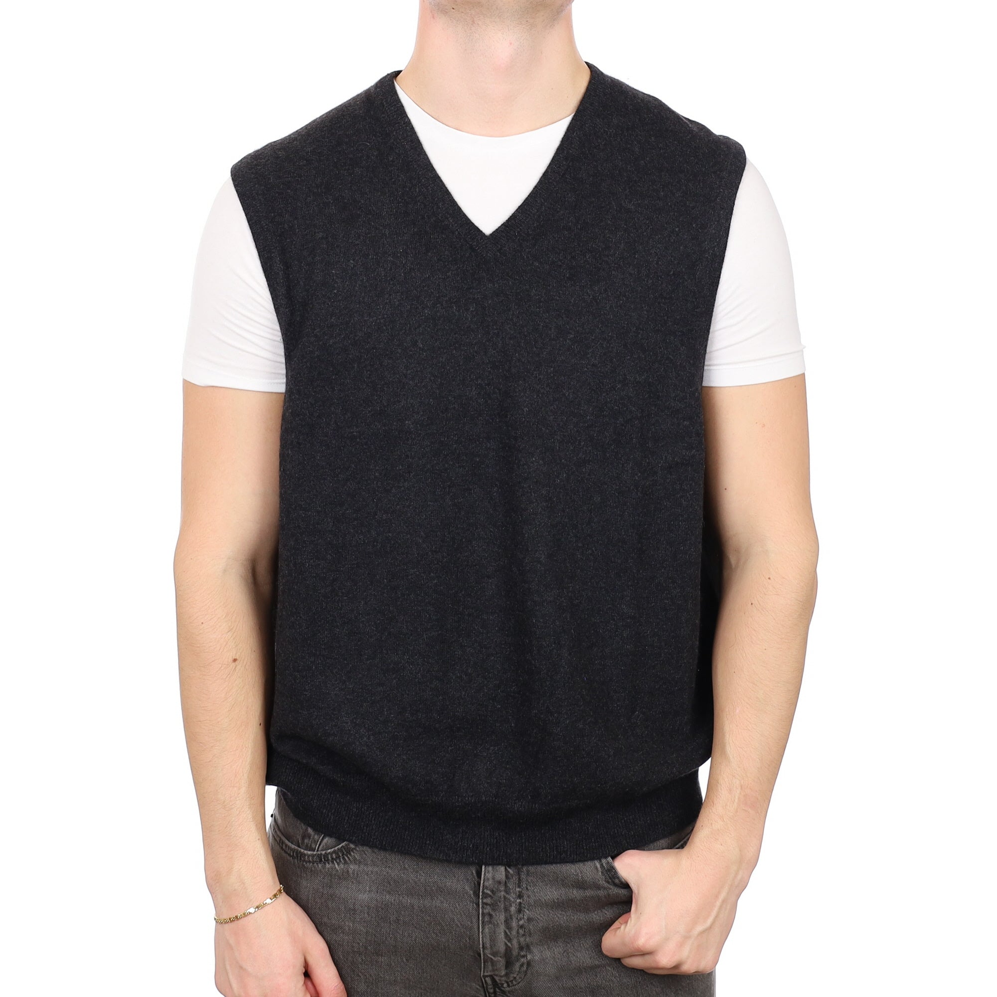 Men's Charcoal Grey Cashmere V Neck Tank Top XXL