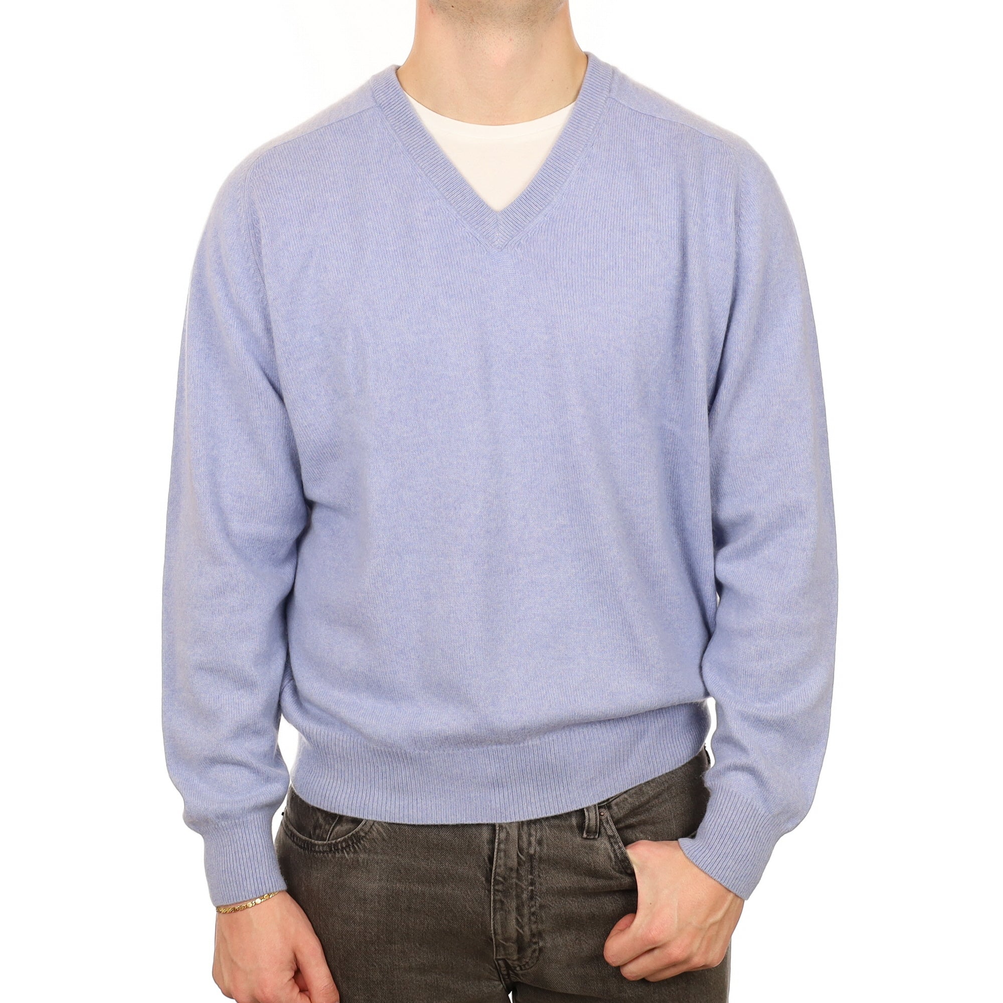 Men's Sky Blue Cashmere V Neck Jumper XXL
