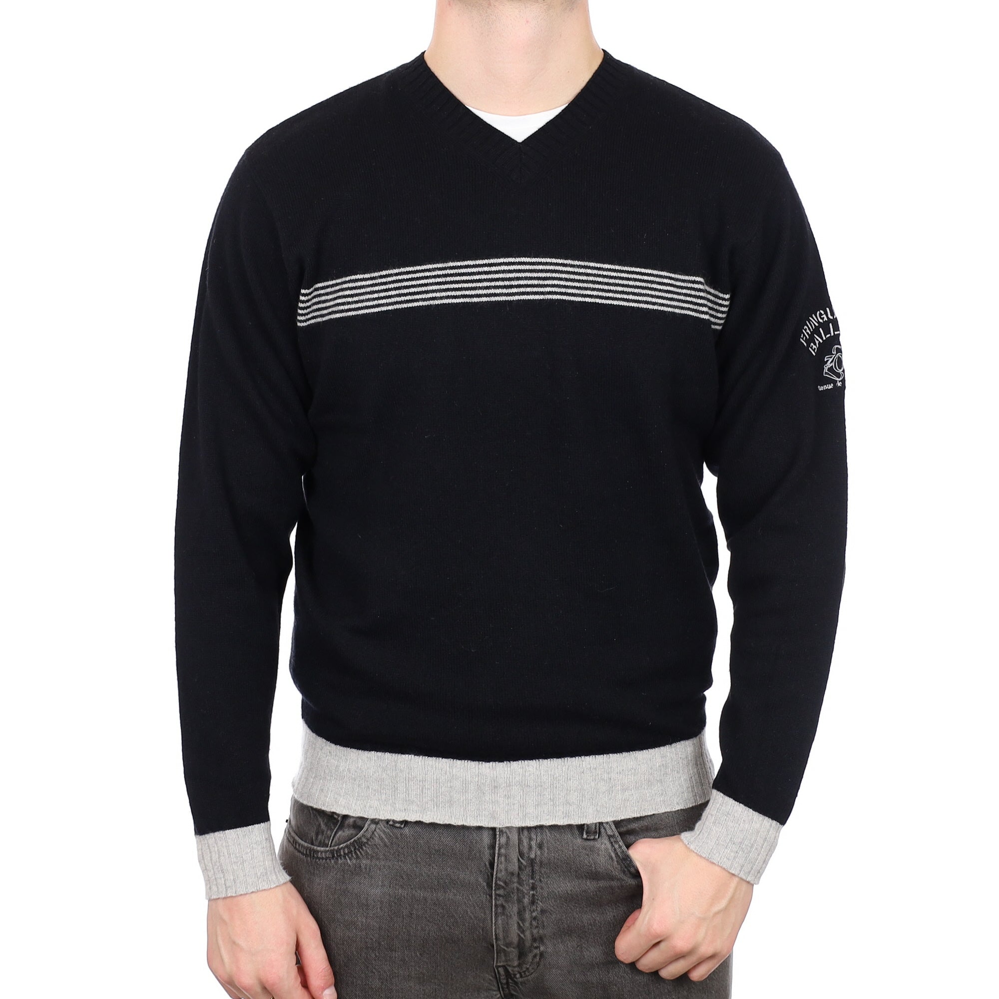 Men's Black and Grey Stripe Cashmere V Neck Jumper XL