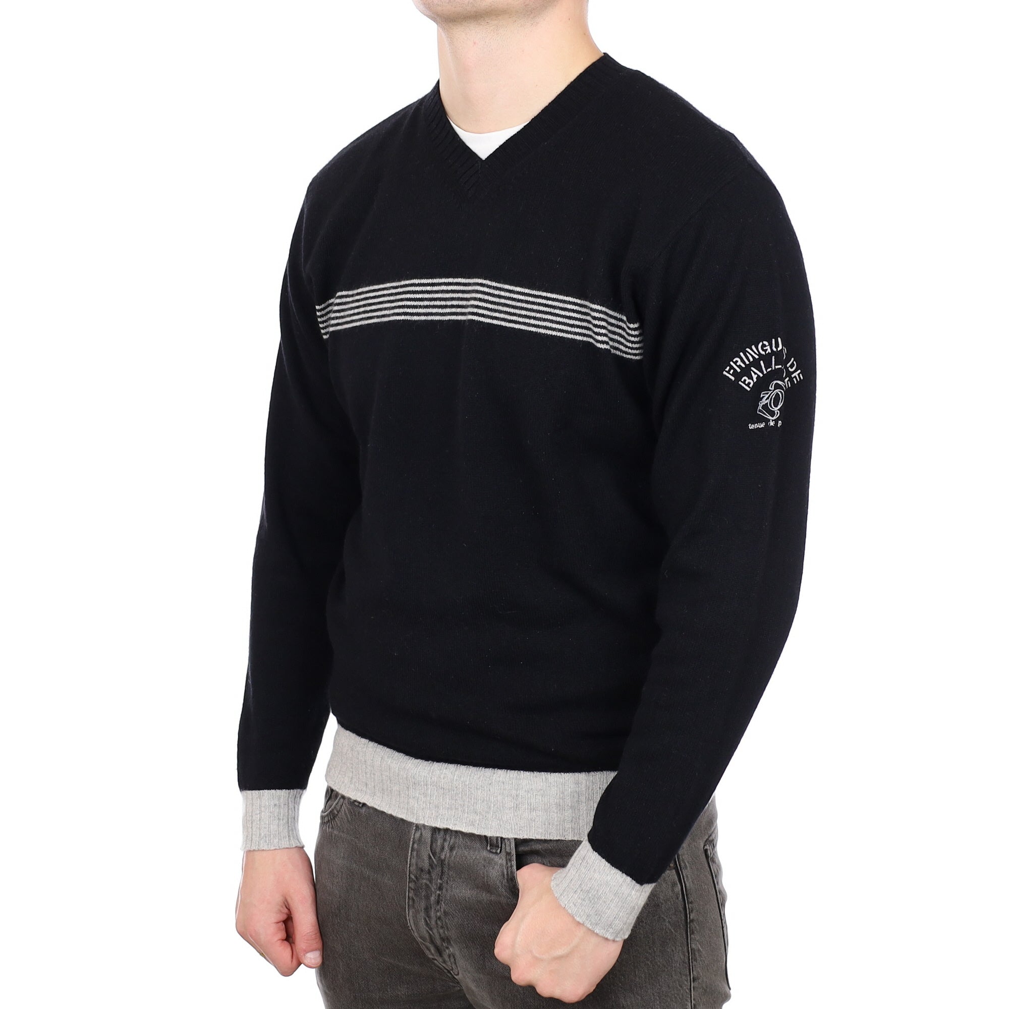 Men's Black and Grey Stripe Cashmere V Neck Jumper XL