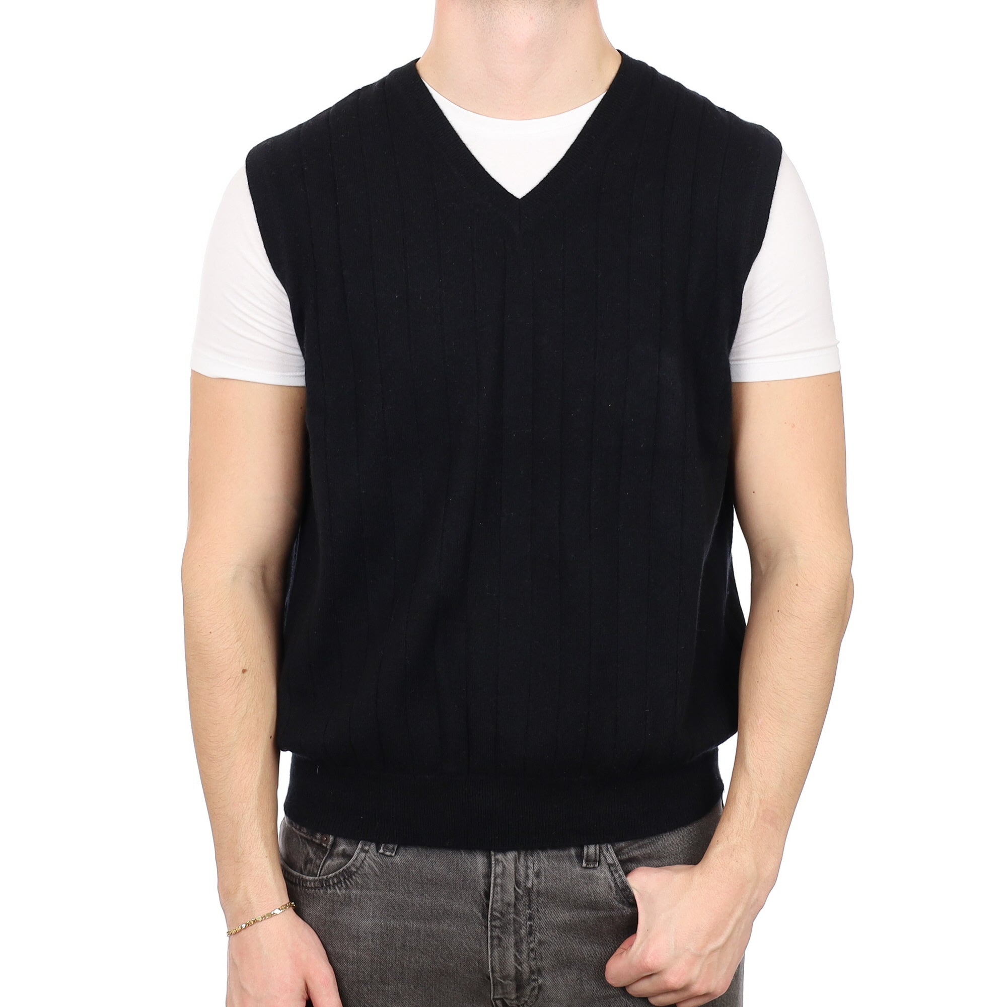 Men's Black Rib Cashmere V Neck Tank Top XXL