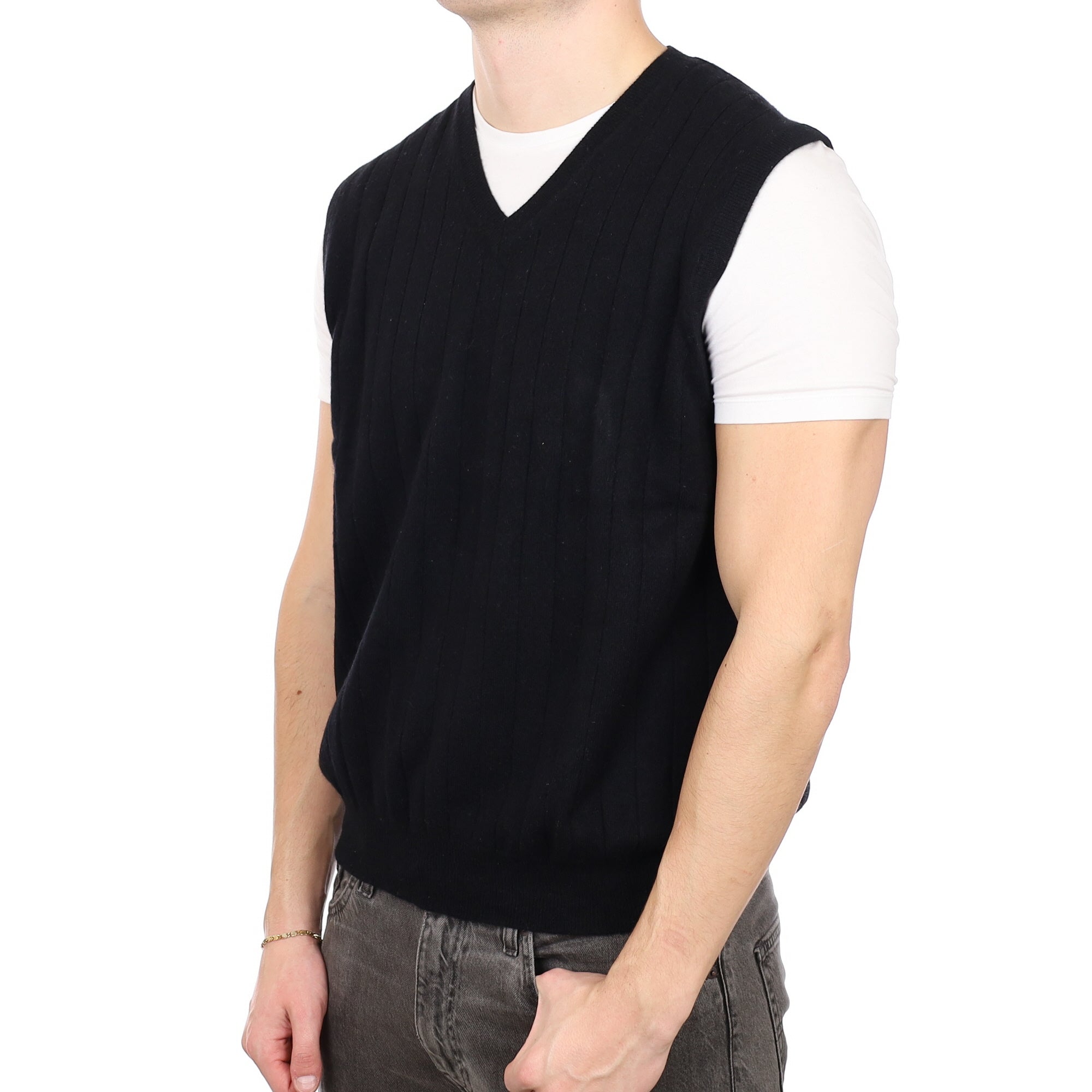 Men's Black Rib Cashmere V Neck Tank Top XXL