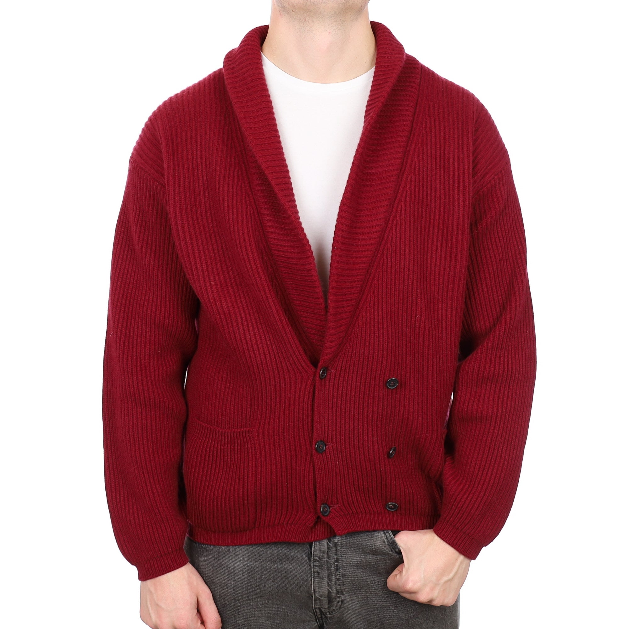 Men's Burgundy Cashmere Super Chunky V Neck Cardigan with Pockets XXL