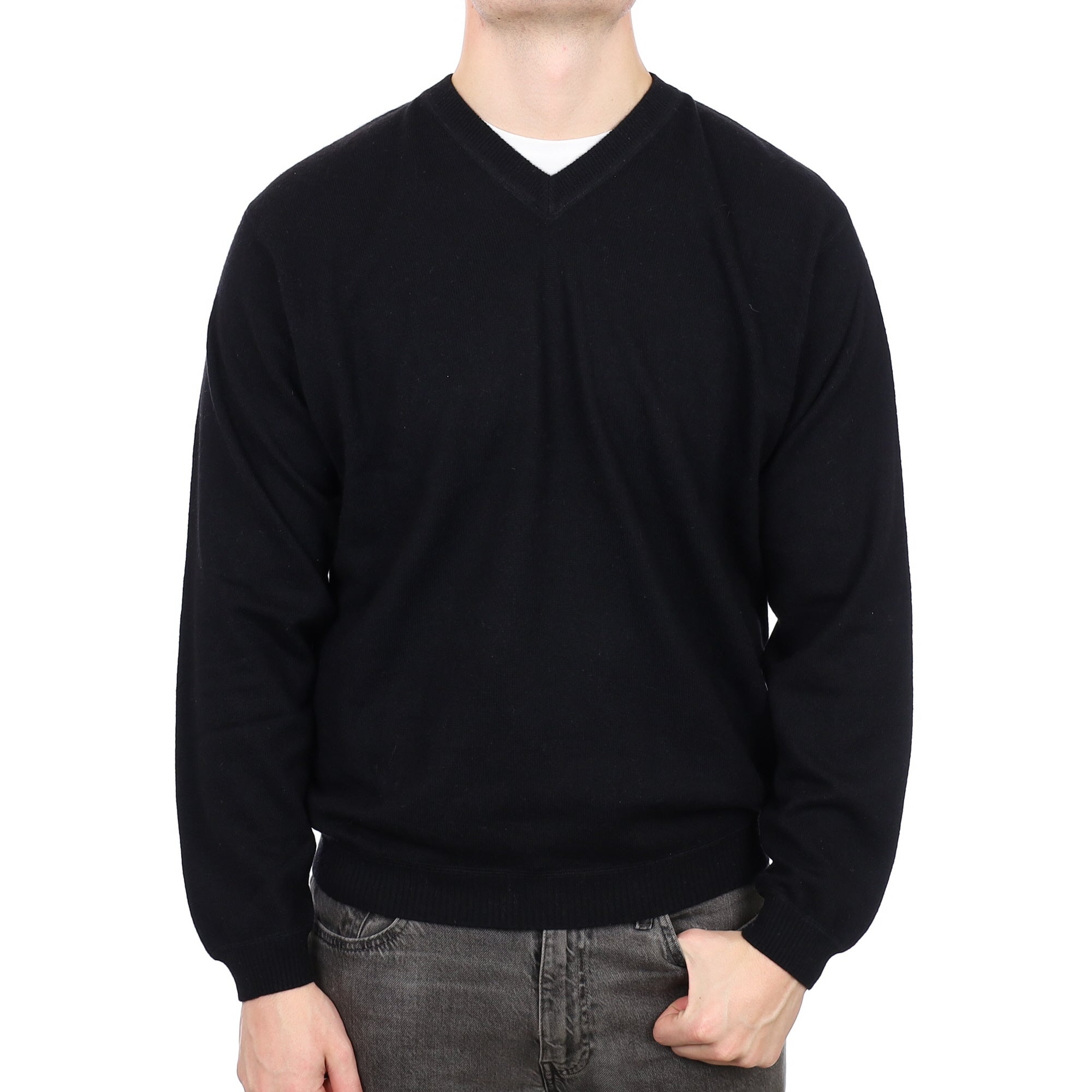 Men's Black Cashmere V Neck Jumper XL