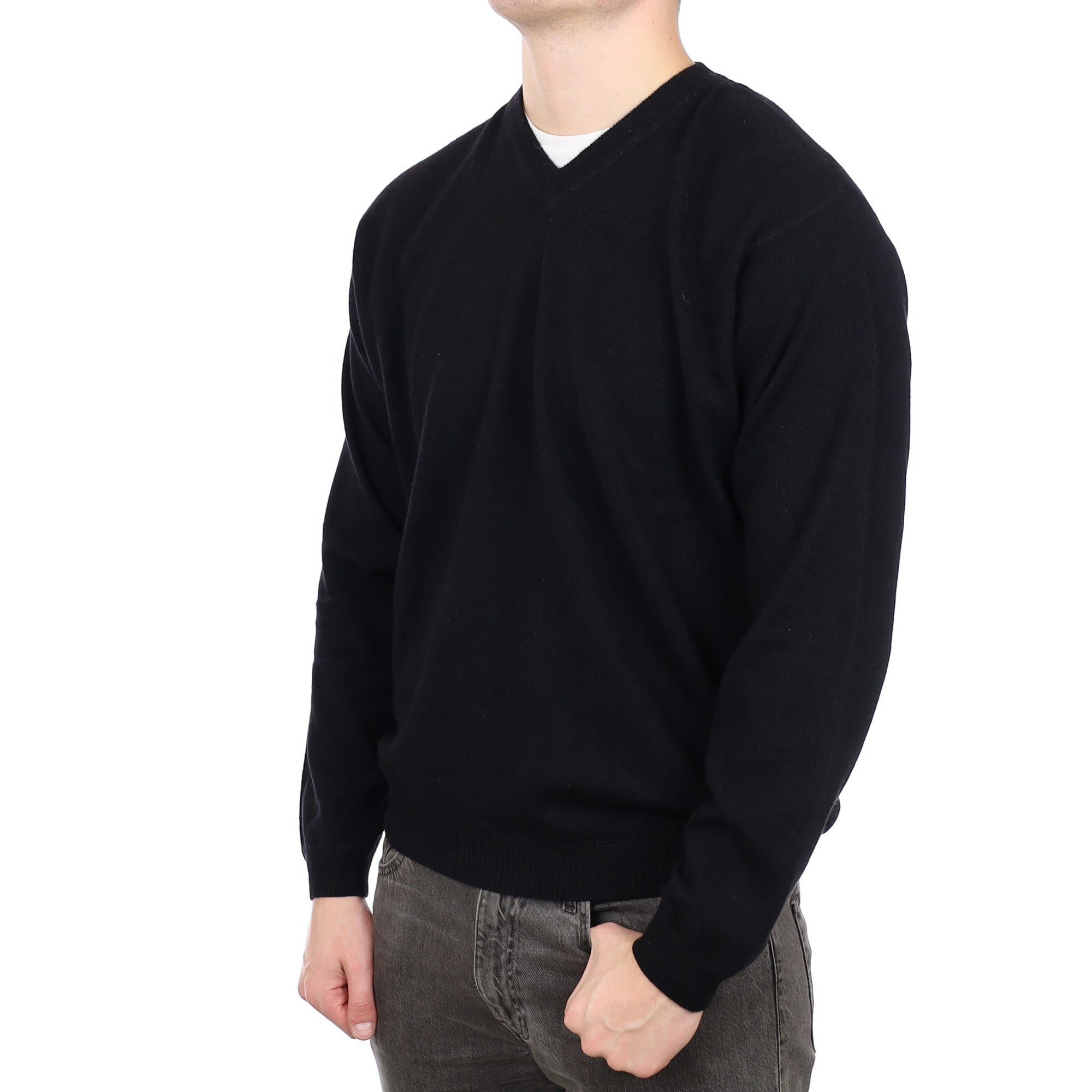 Men's Black Cashmere V Neck Jumper XL