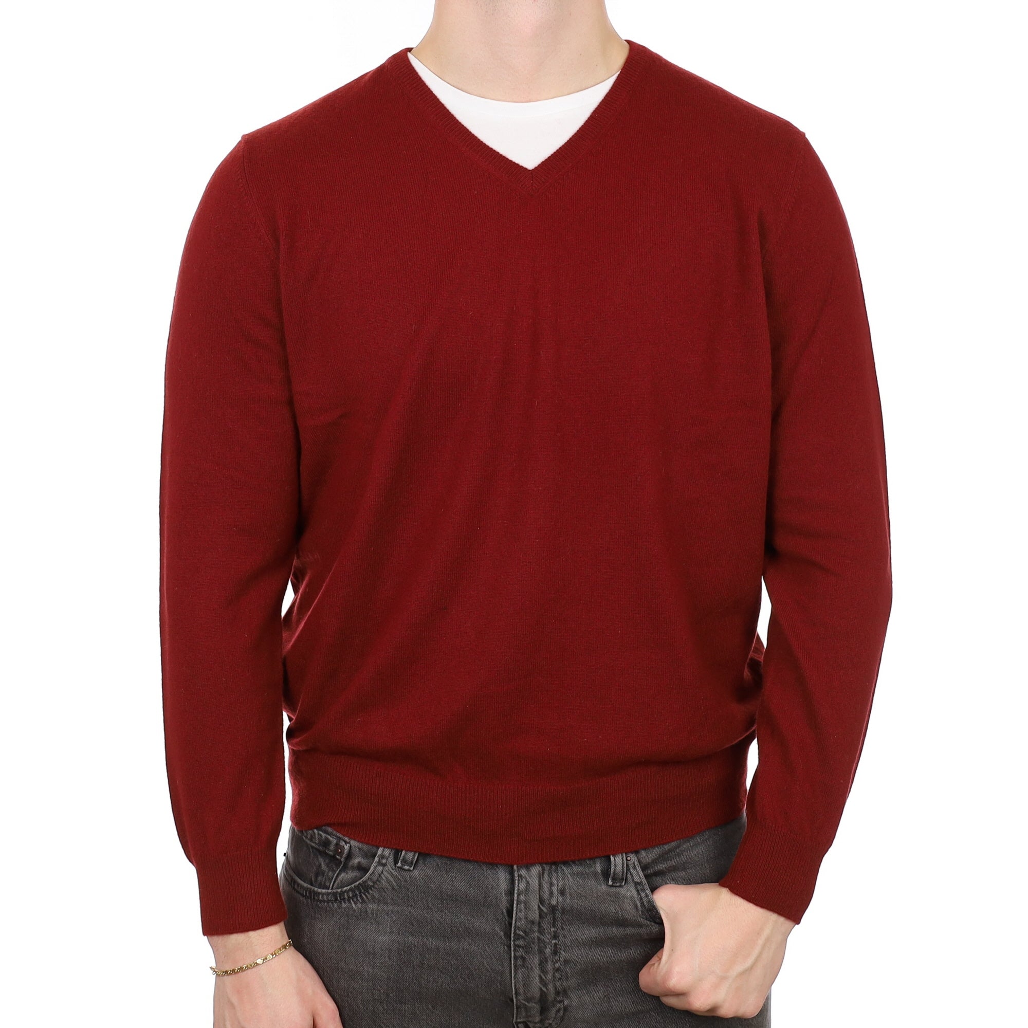 Men's Burgundy Red Cashmere V Neck Jumper XL
