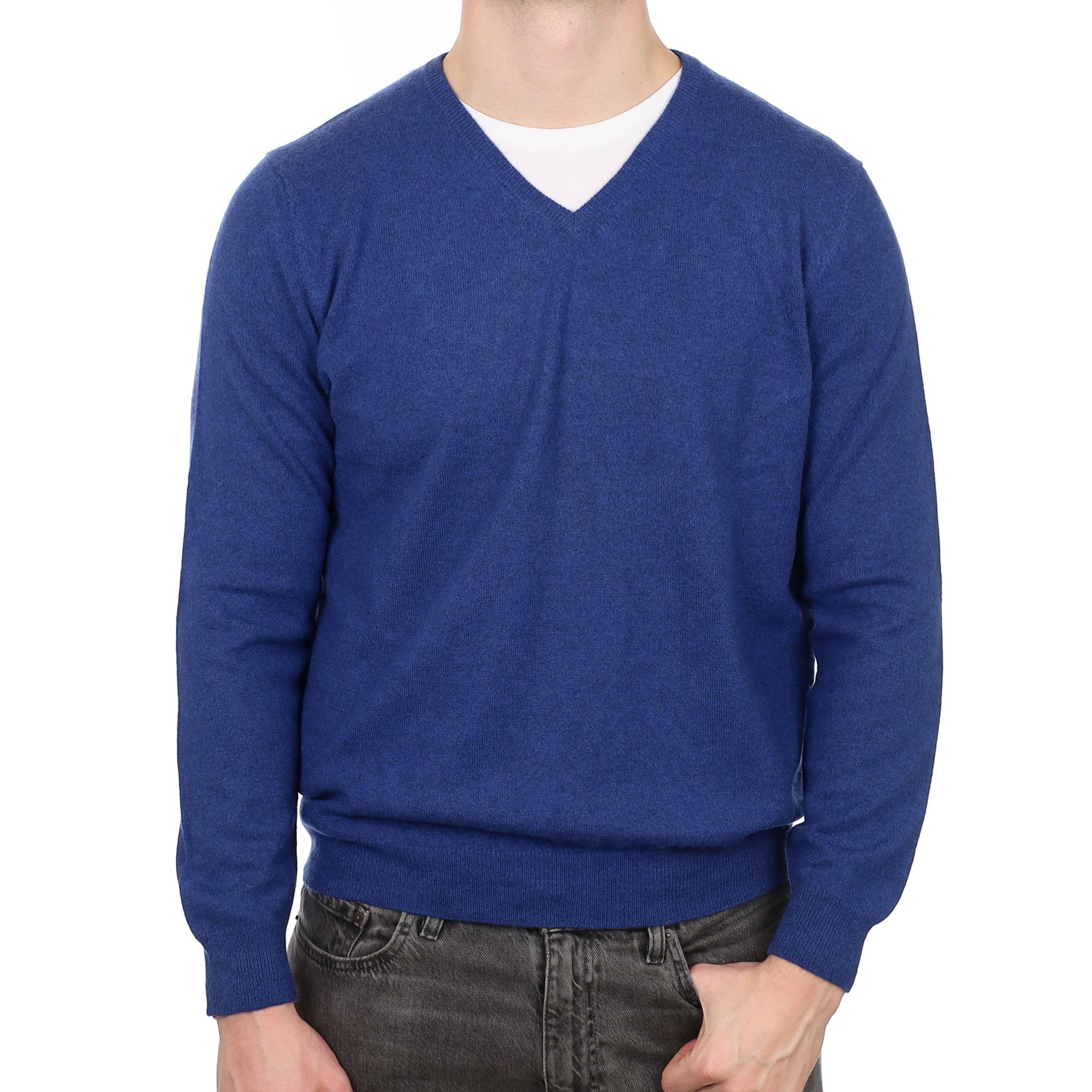 Men's Deep Ocean Blue Cashmere V Neck Jumper XL