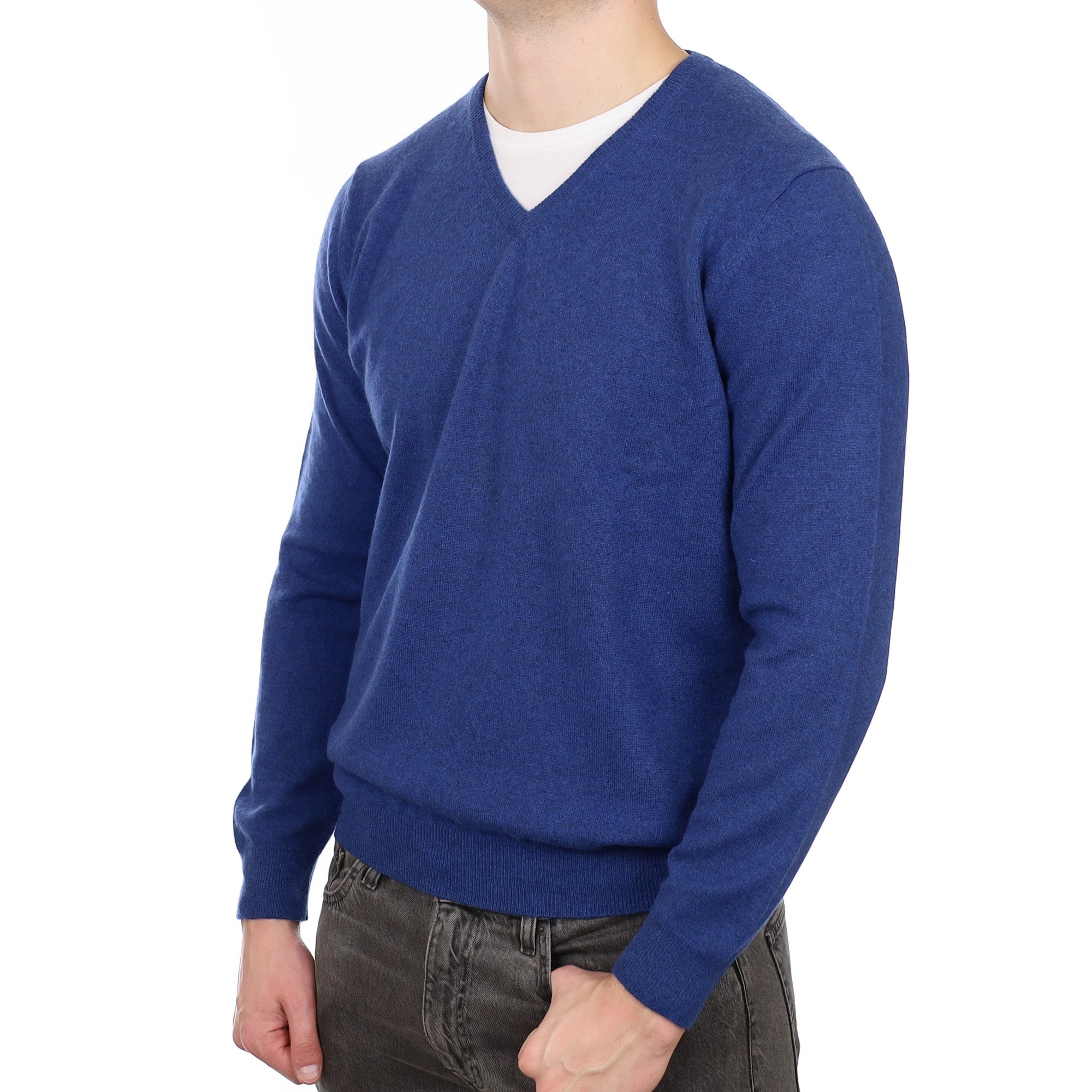 Men's Deep Ocean Blue Cashmere V Neck Jumper XL