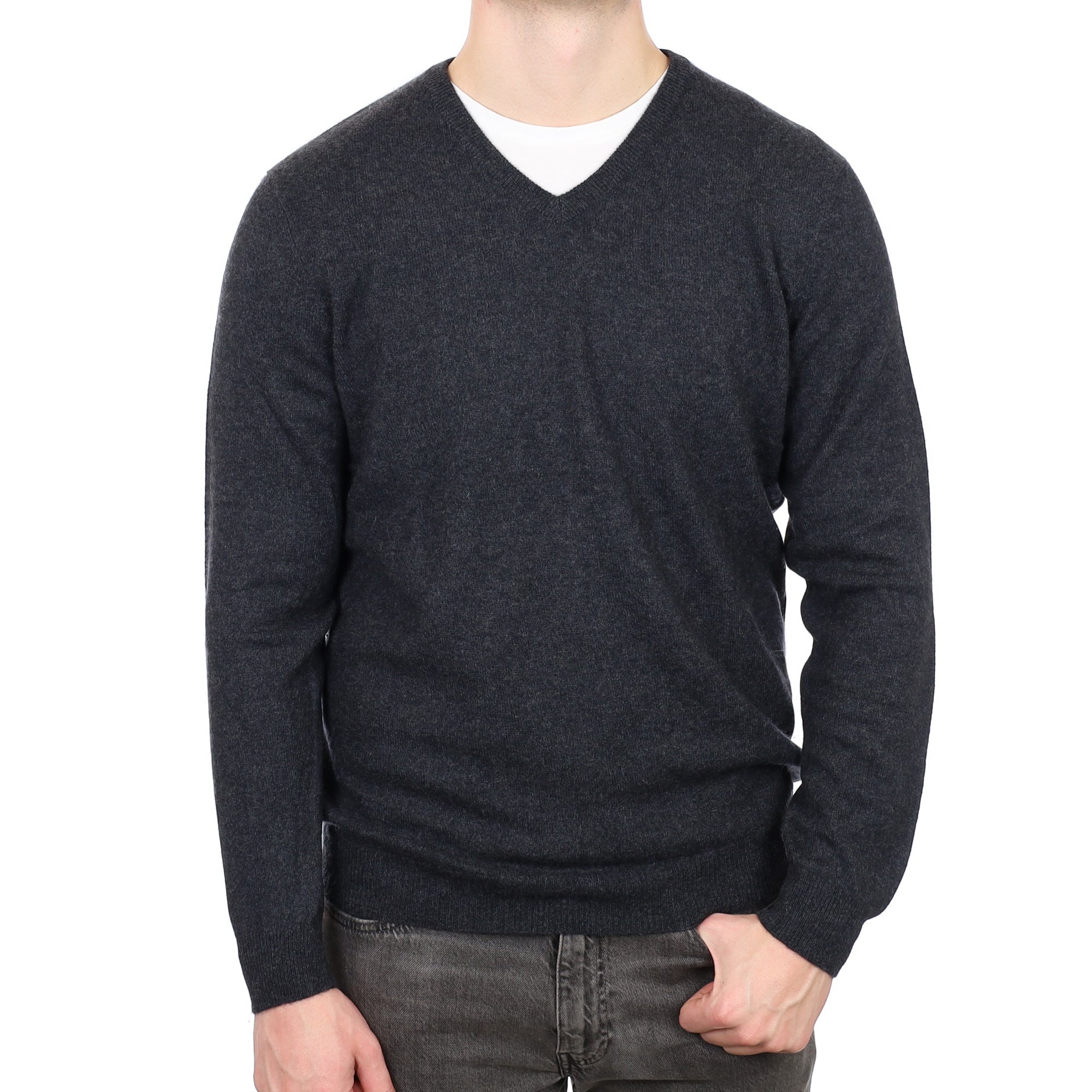 Men's Charcoal Grey Cashmere V Neck Jumper XL
