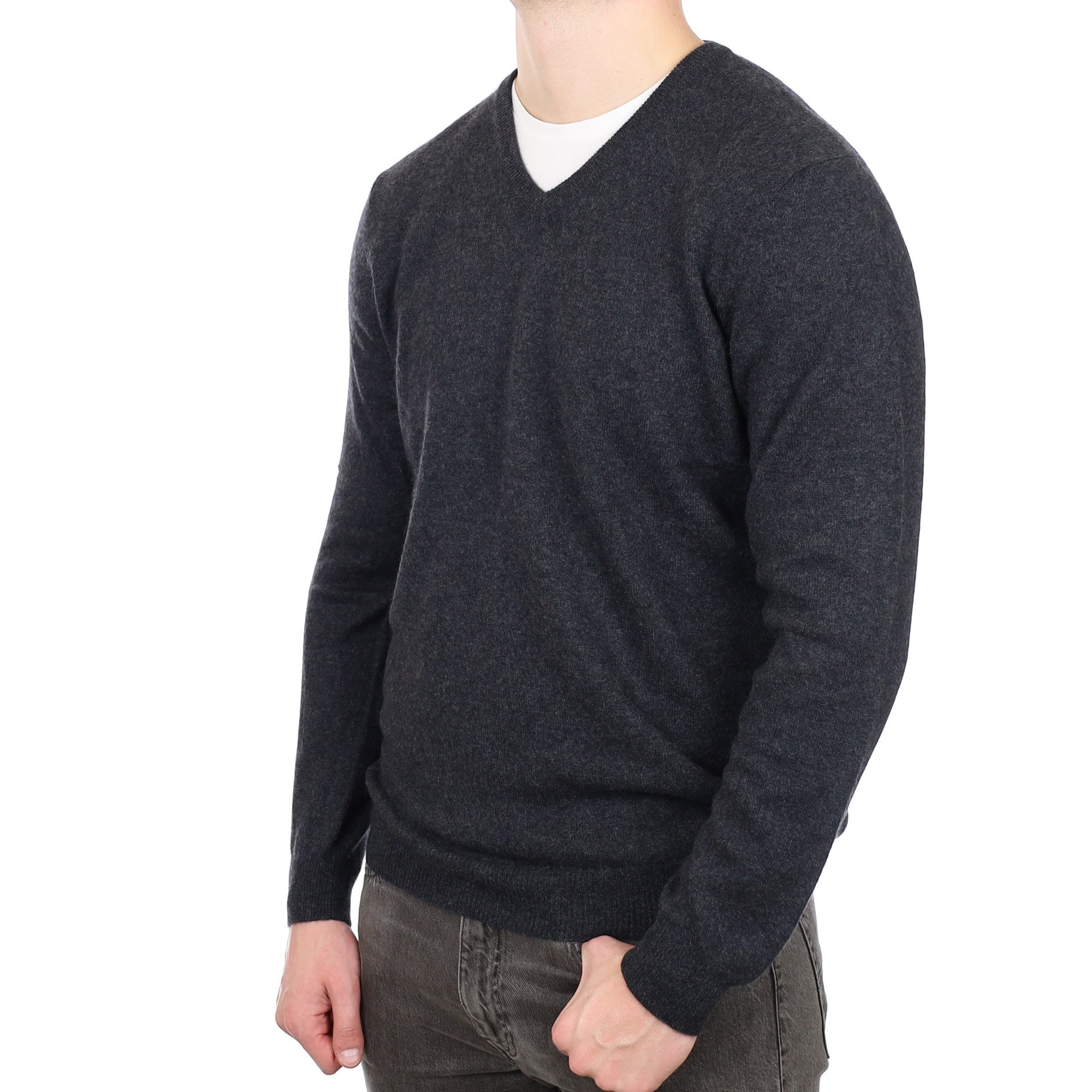 Men's Charcoal Grey Cashmere V Neck Jumper XL