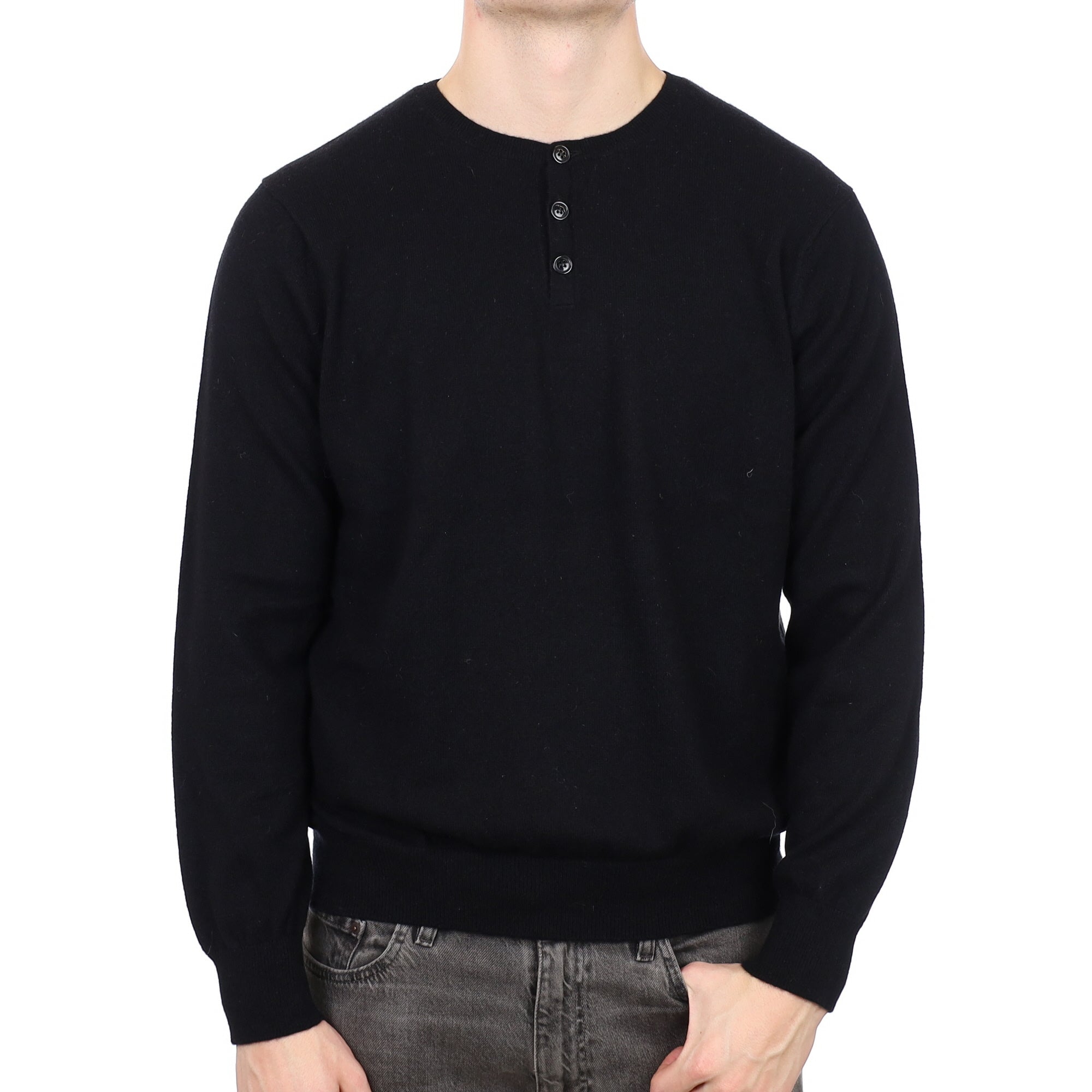 Men's Black Cashmere Quarter Button Crew Neck Jumper XL