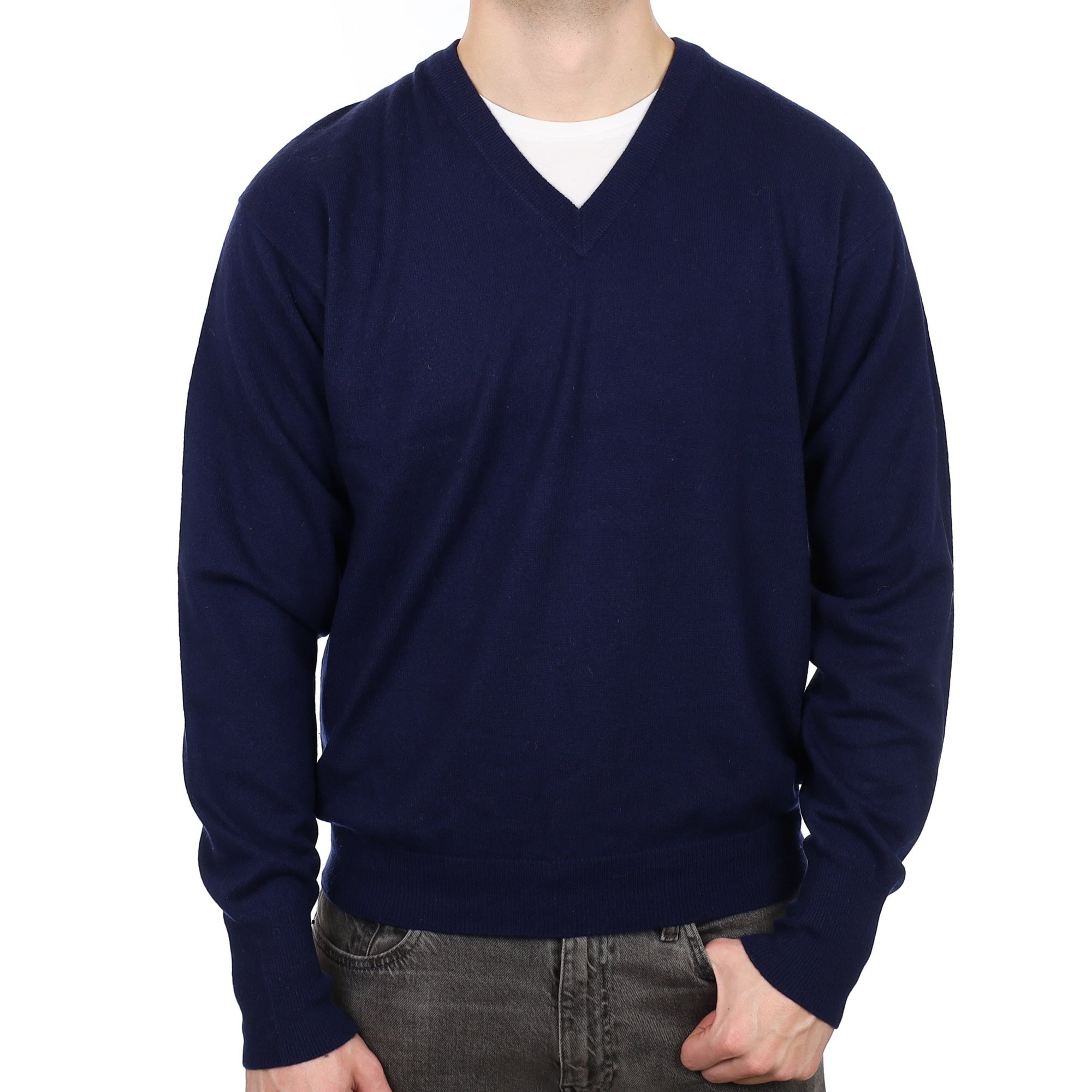 Men's Navy Blue Cashmere V Neck Jumper XL