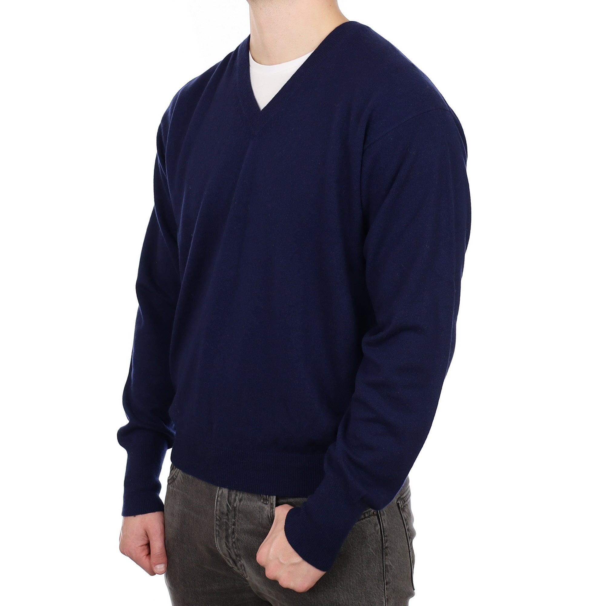 Men's Navy Blue Cashmere V Neck Jumper XL