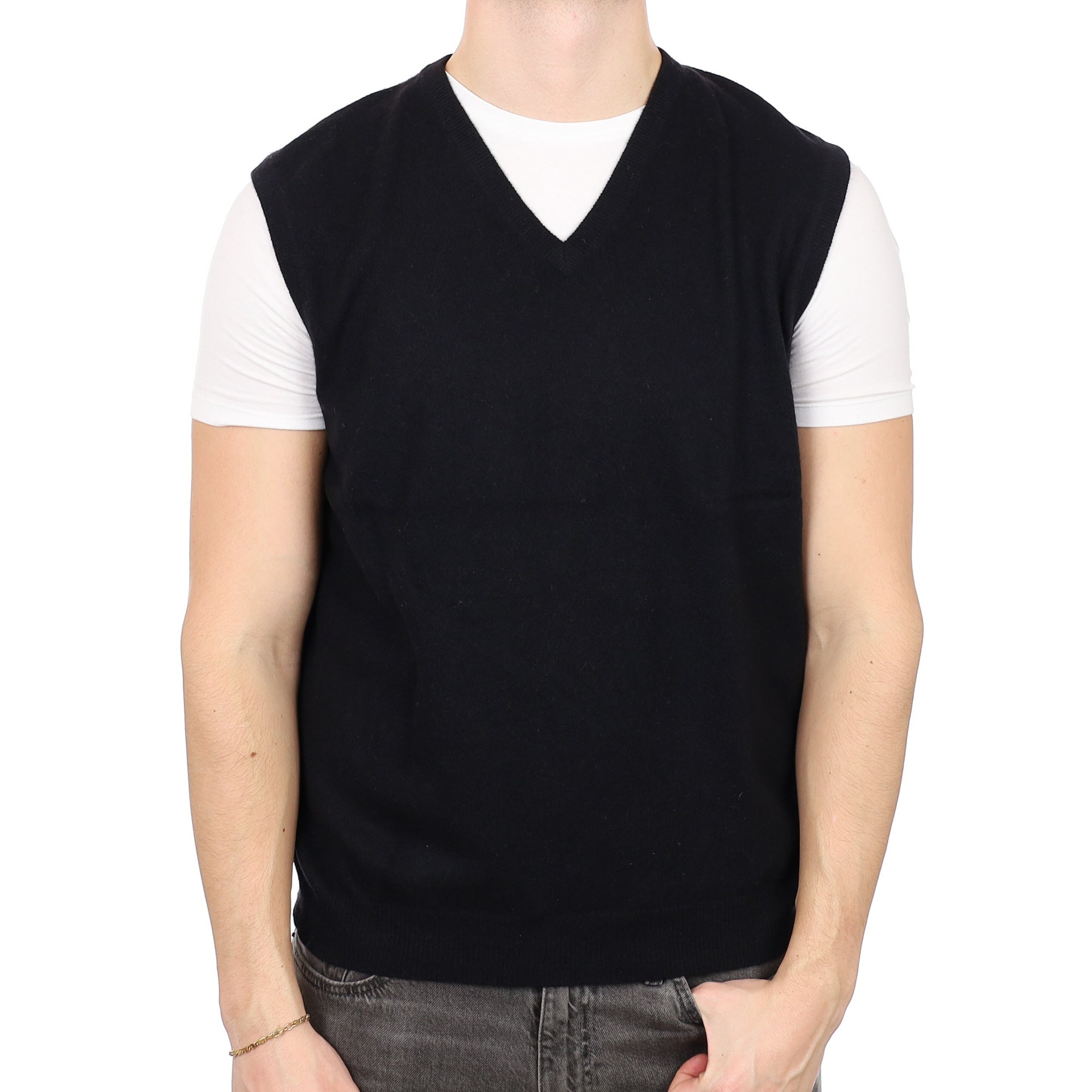 Men's Black Cashmere V Neck Tank Top XL