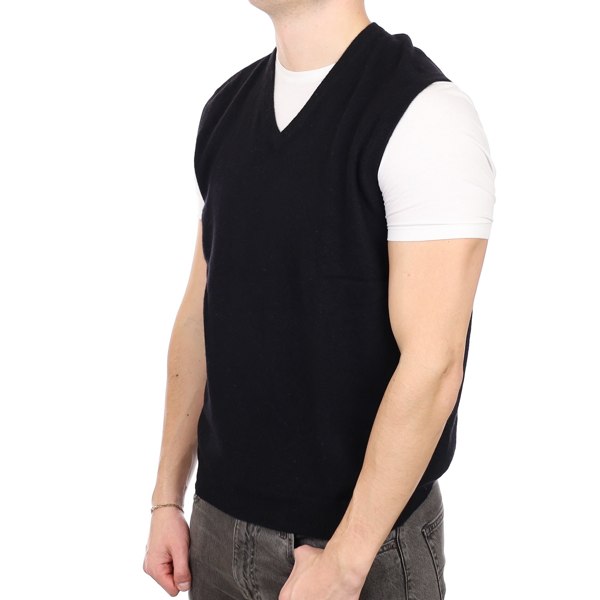 Men's Black Cashmere V Neck Tank Top XL