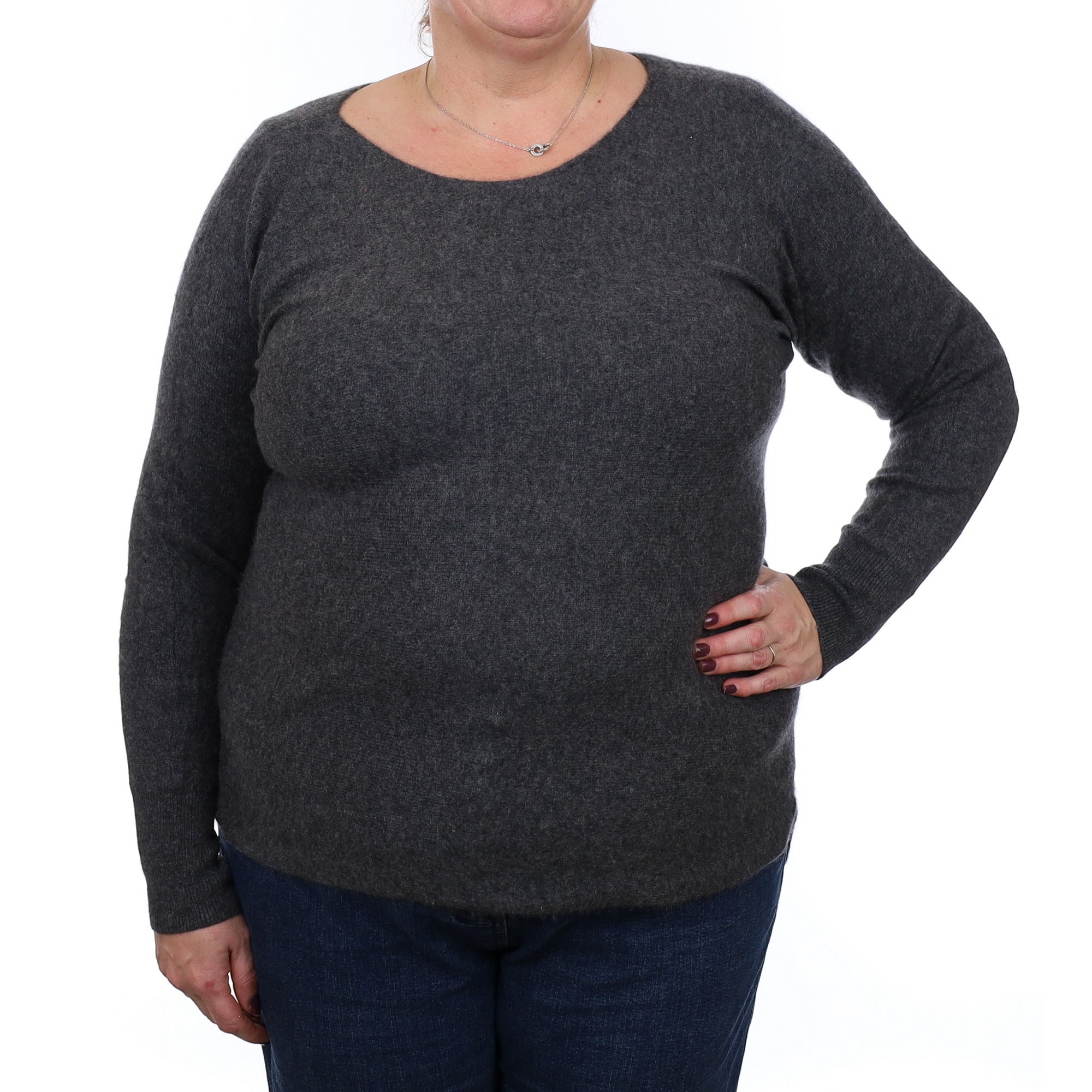 Charcoal Grey Cashmere Slash Neck Jumper With Batwing Sleeves Extra Large
