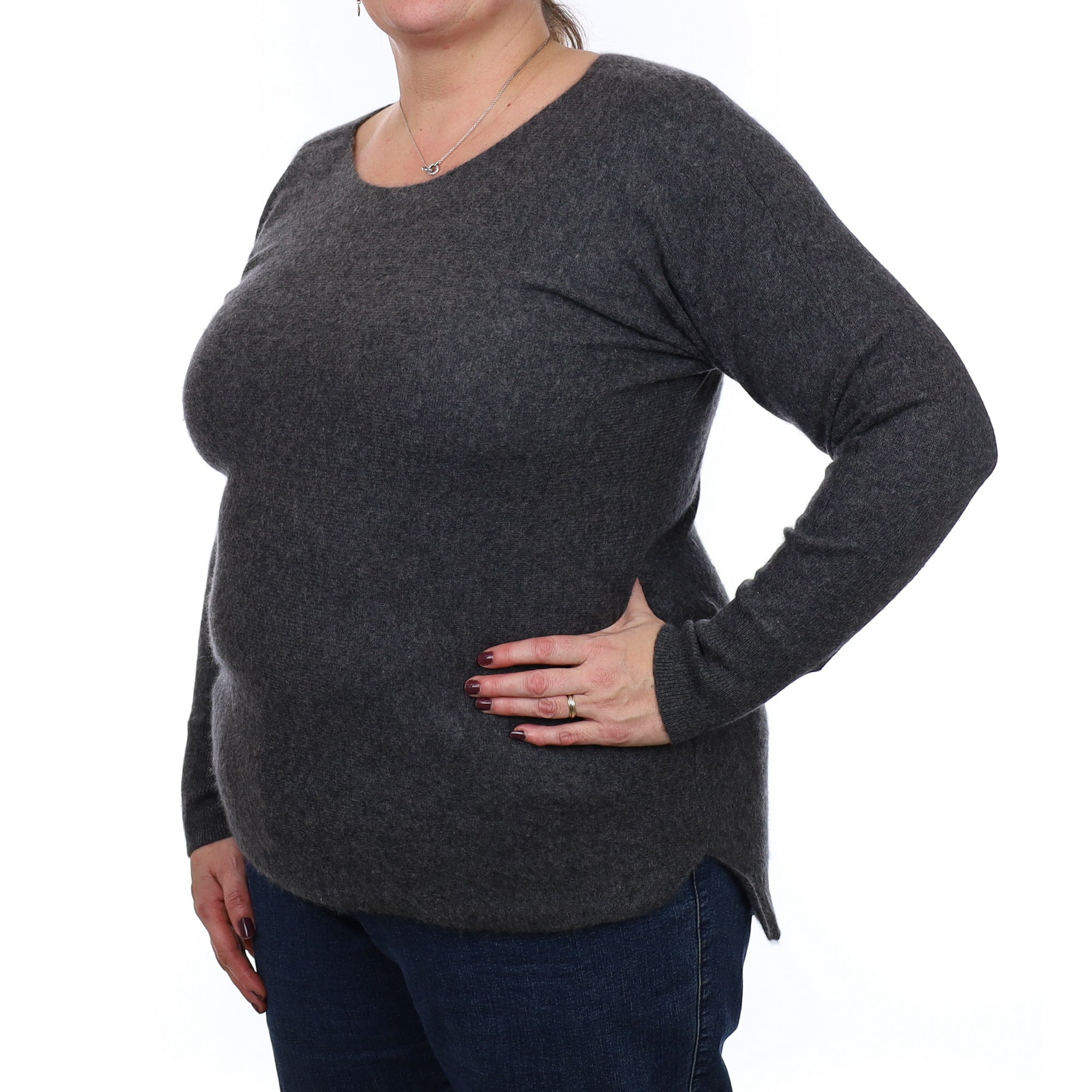 Charcoal Grey Cashmere Slash Neck Jumper With Batwing Sleeves Extra Large