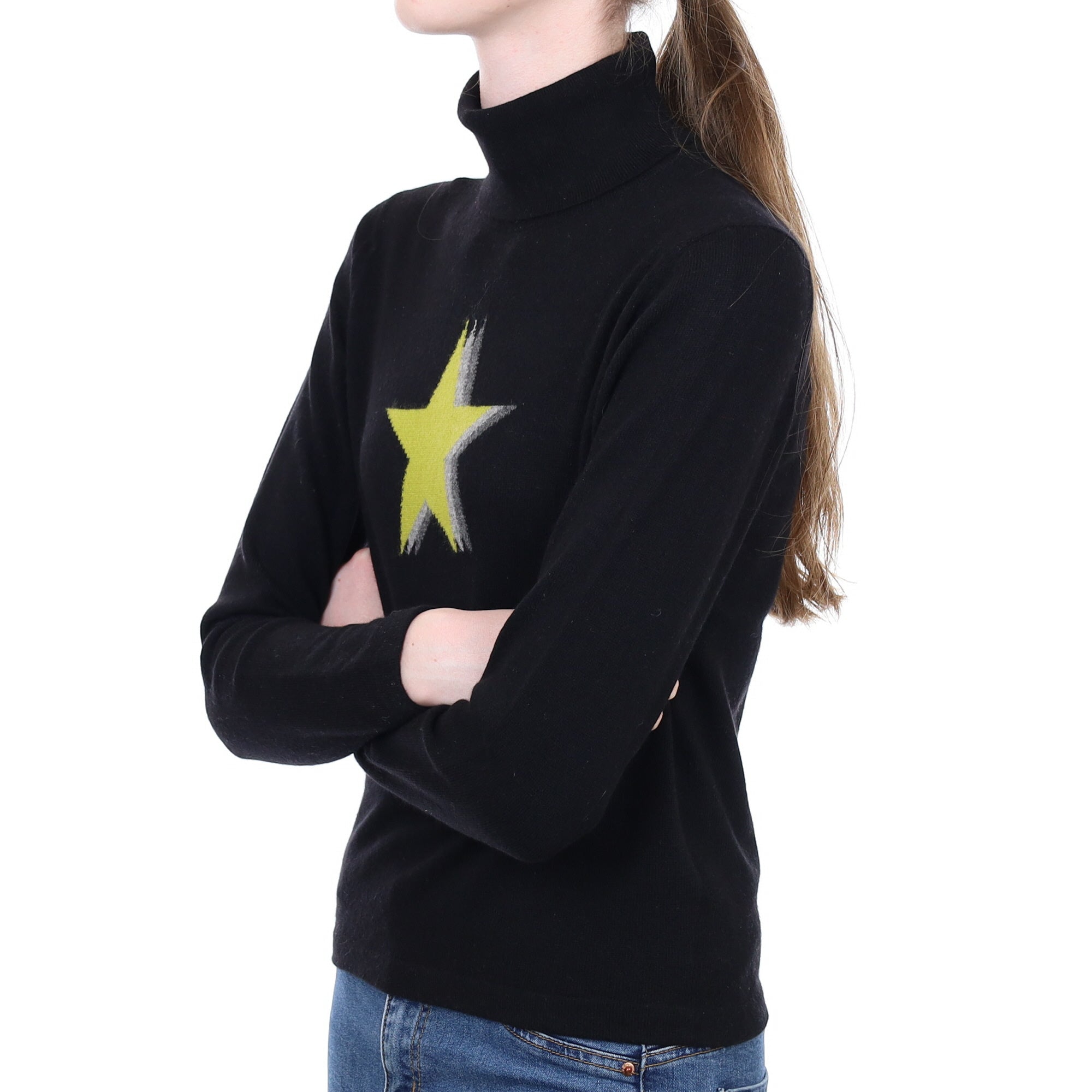Black Cashmere Polo Neck Jumper With Star Design Extra Small