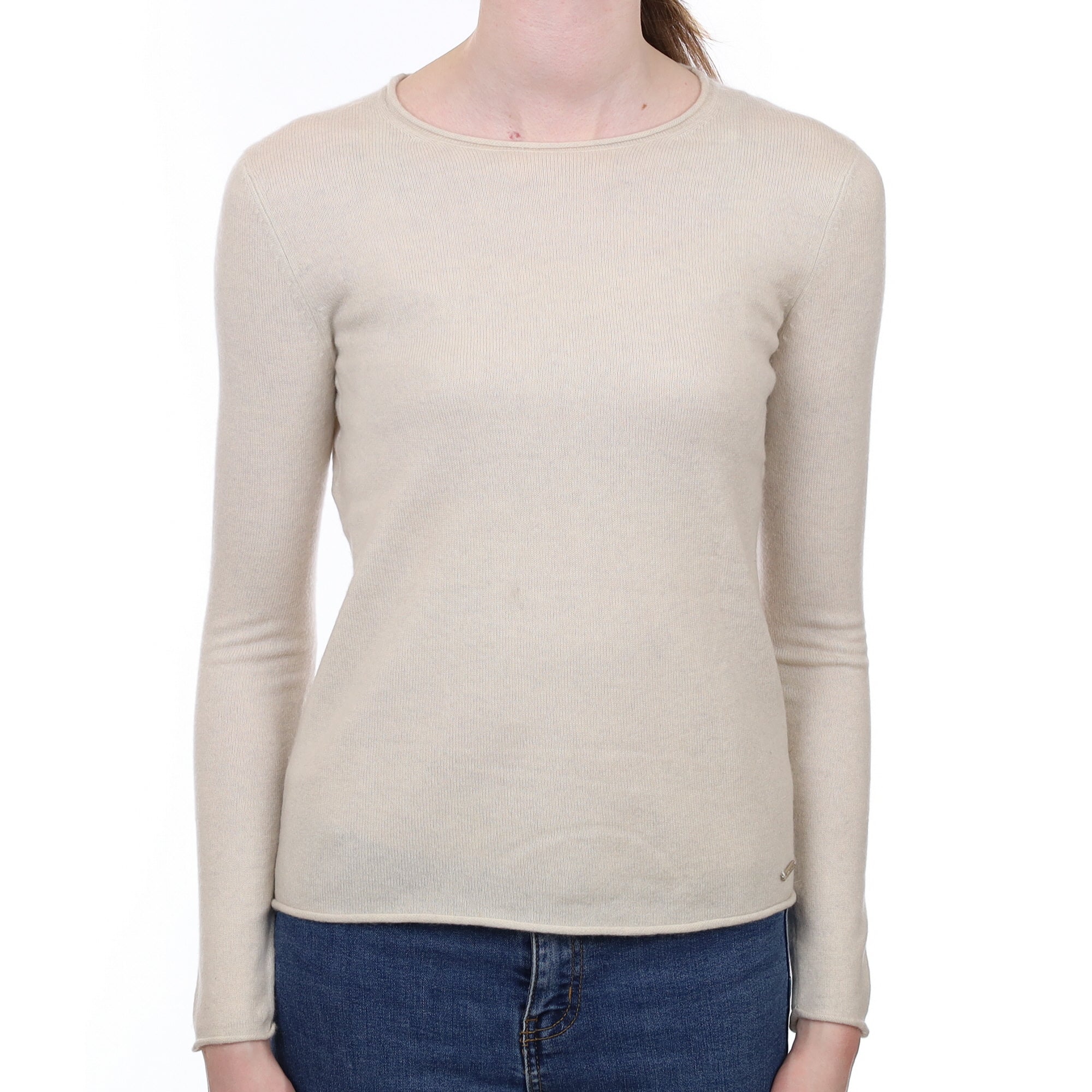 Vanilla Cream Cashmere Crew Neck Jumper With Rolled Edges Extra Small
