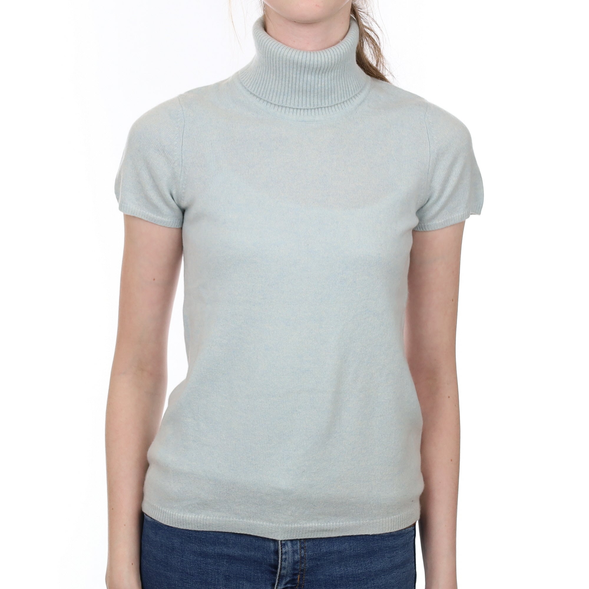 Sky Blue Cashmere Short Sleeved Polo Neck Jumper Extra Small
